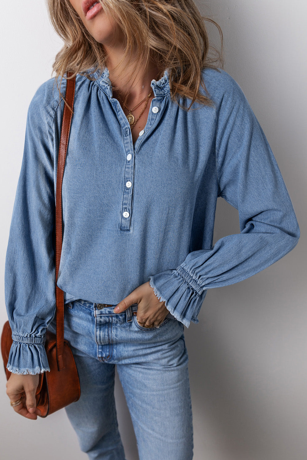 Sky Blue Frilled Raw Hem Half Buttoned Denim Top-Chaelisa's New Jammies