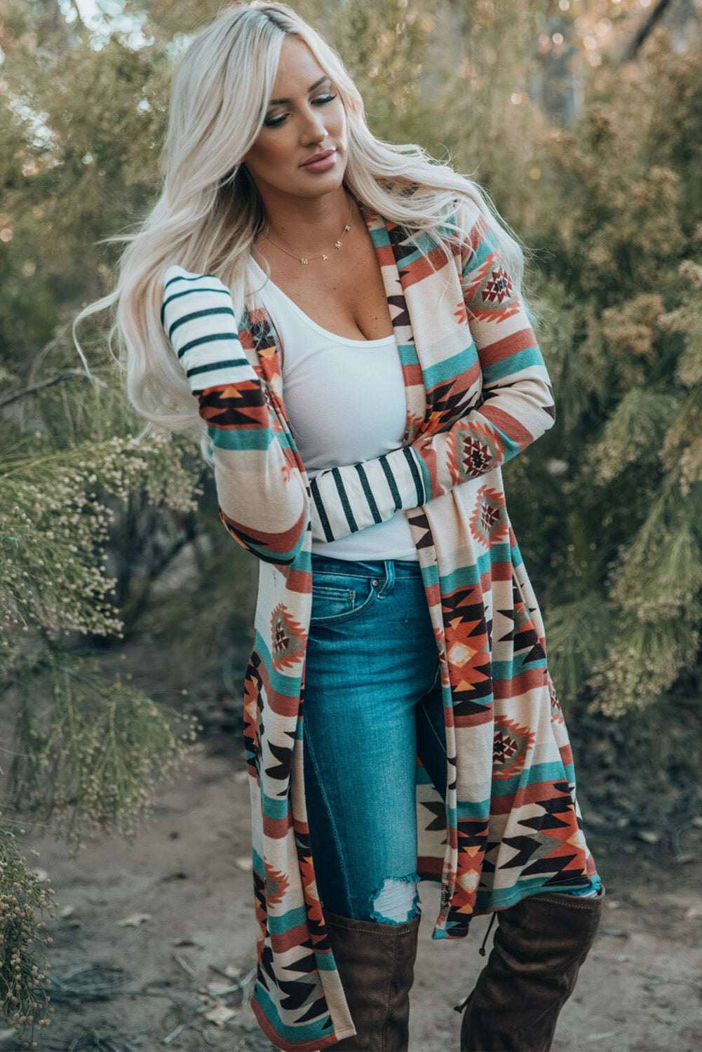 Multicolor Geometric Color Block Open Front Long Cardigan-Chaelisa's New Jammies