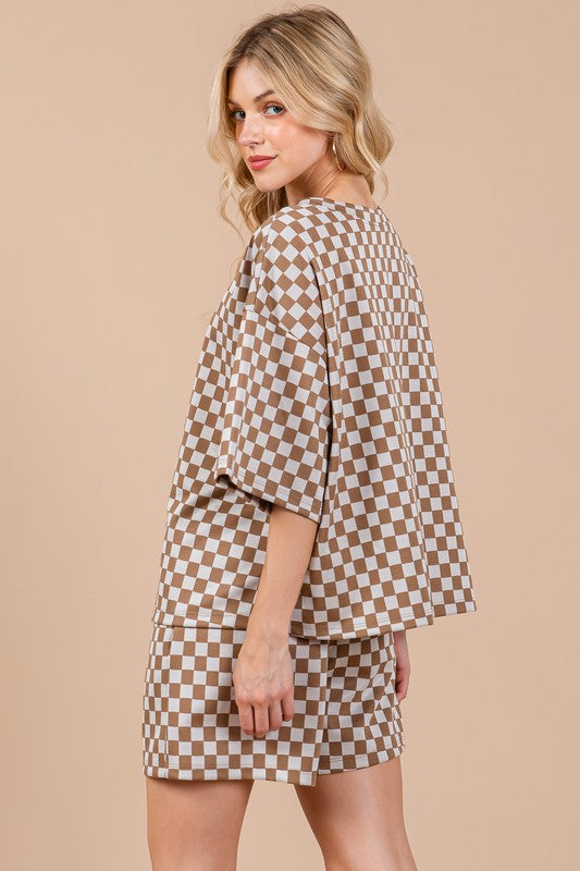Ces Femme Checkered Round Neck Top and Shorts Set-Chaelisa's New Jammies