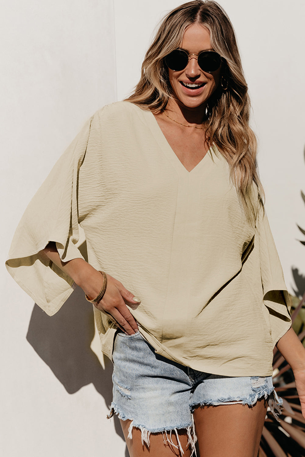 Parchment Solid V Neck Wide Sleeve Crinkled Blouse-Chaelisa's New Jammies