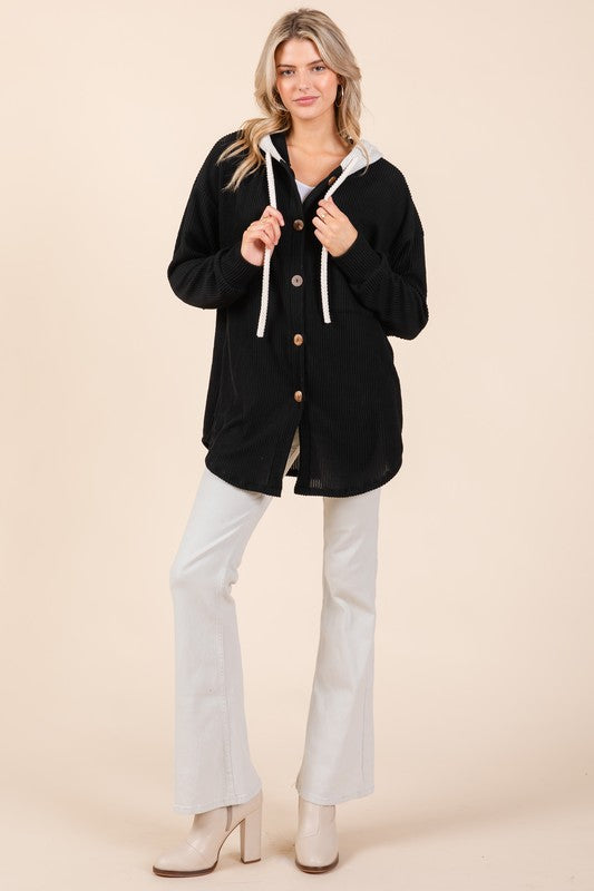 BOMBOM Textured Button Down Drawstring Hooded Shacket-Chaelisa's New Jammies