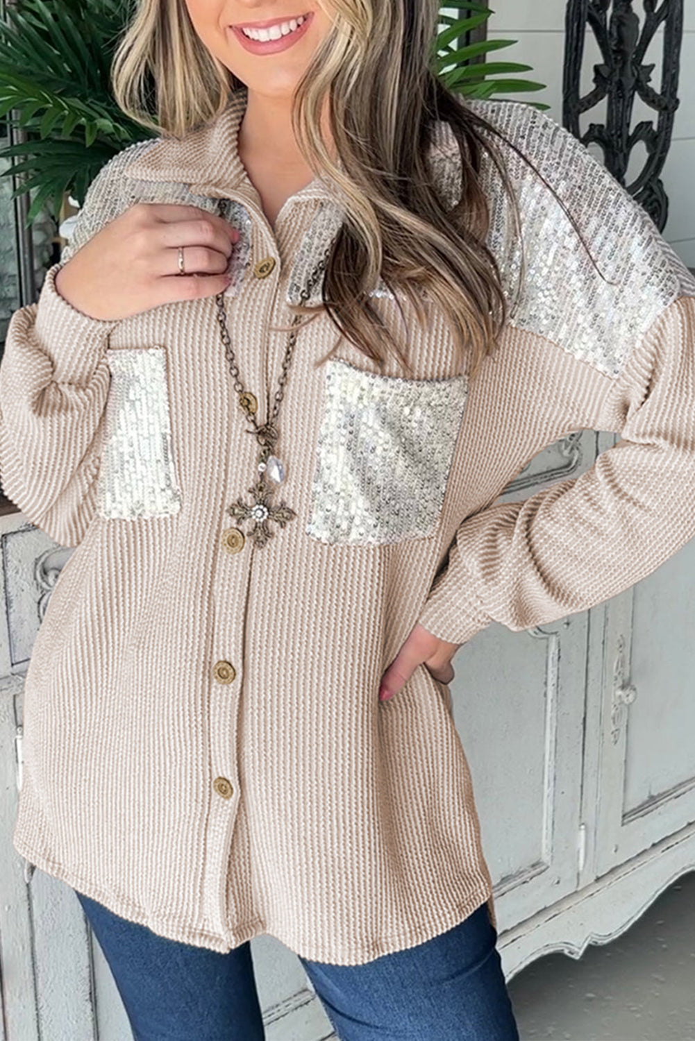 Parchment Sequin Patch Chest Pocket Corded Shacket-Chaelisa's New Jammies