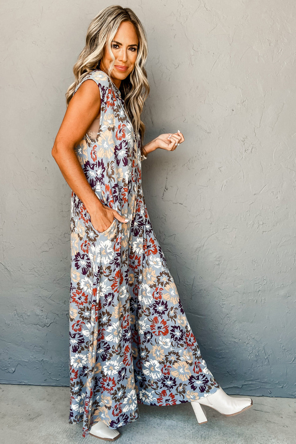 Sky Blue Floral Sleeveless Buttoned Pocketed Wide Leg Jumpsuit-Chaelisa's New Jammies