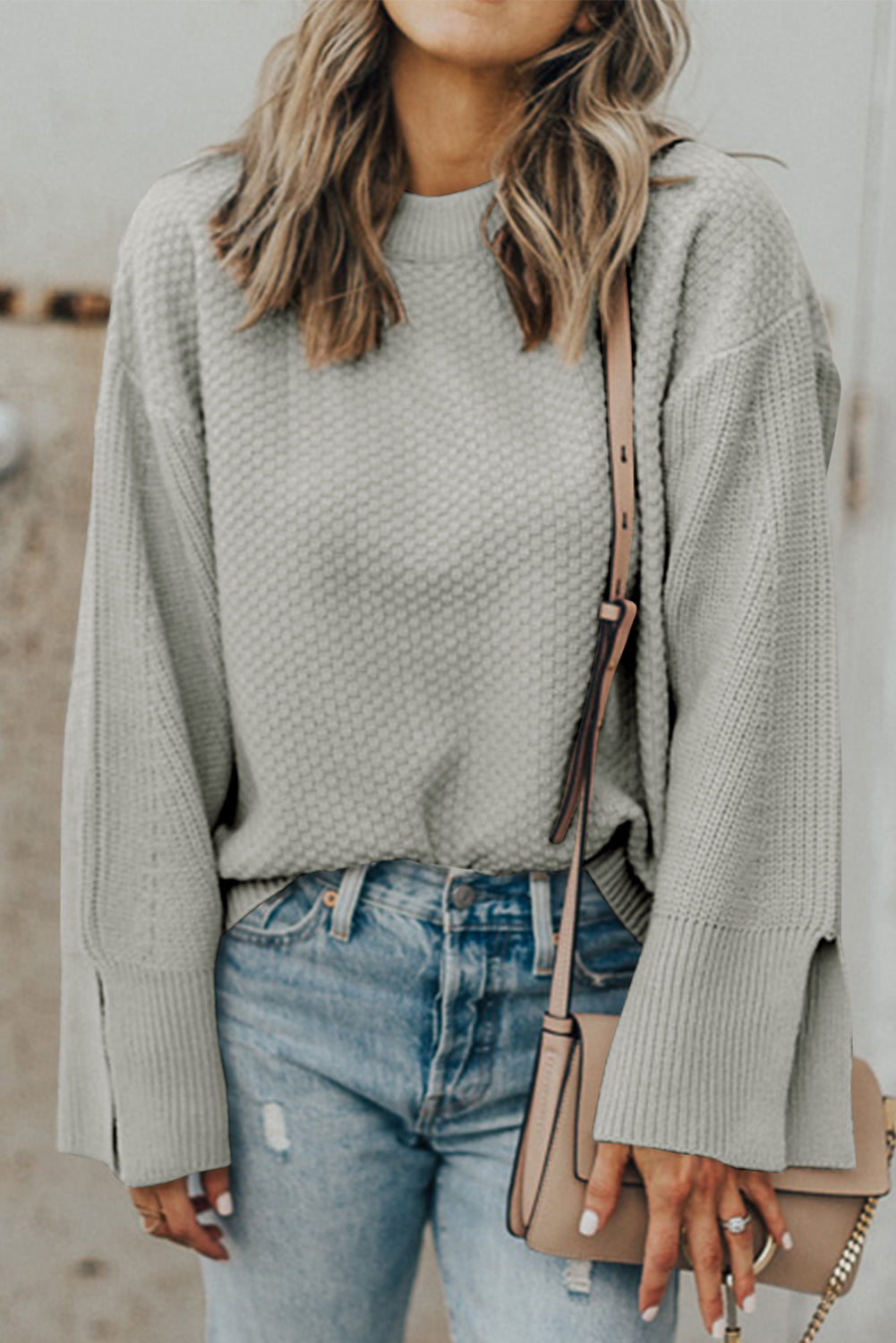 Parchment Solid Textured Knit Split Cuff Drop Shoulder Sweater-Chaelisa's New Jammies