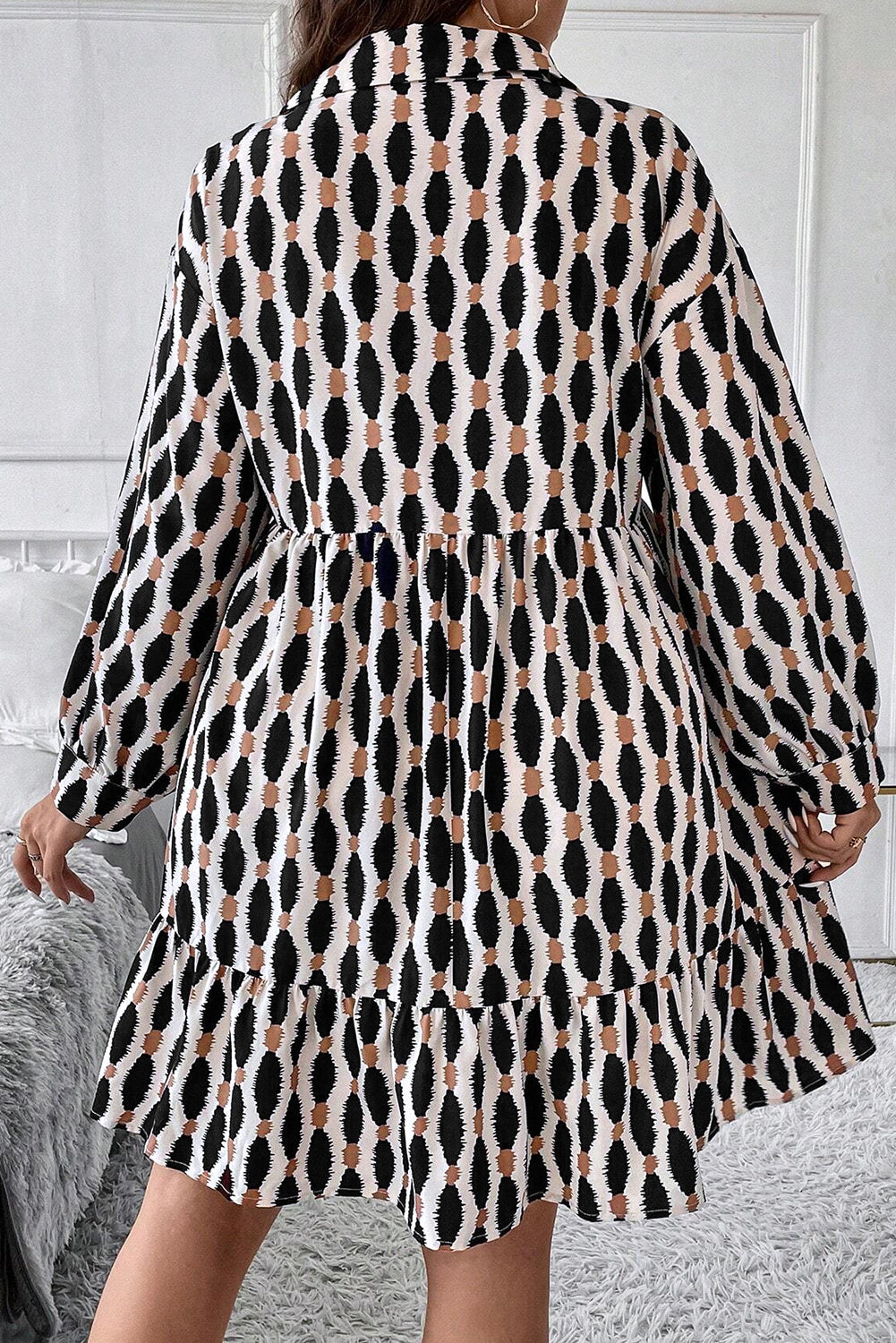 Apricot Abstract Print Collared V Neck Plus Size Mini Dress-Chaelisa's New Jammies