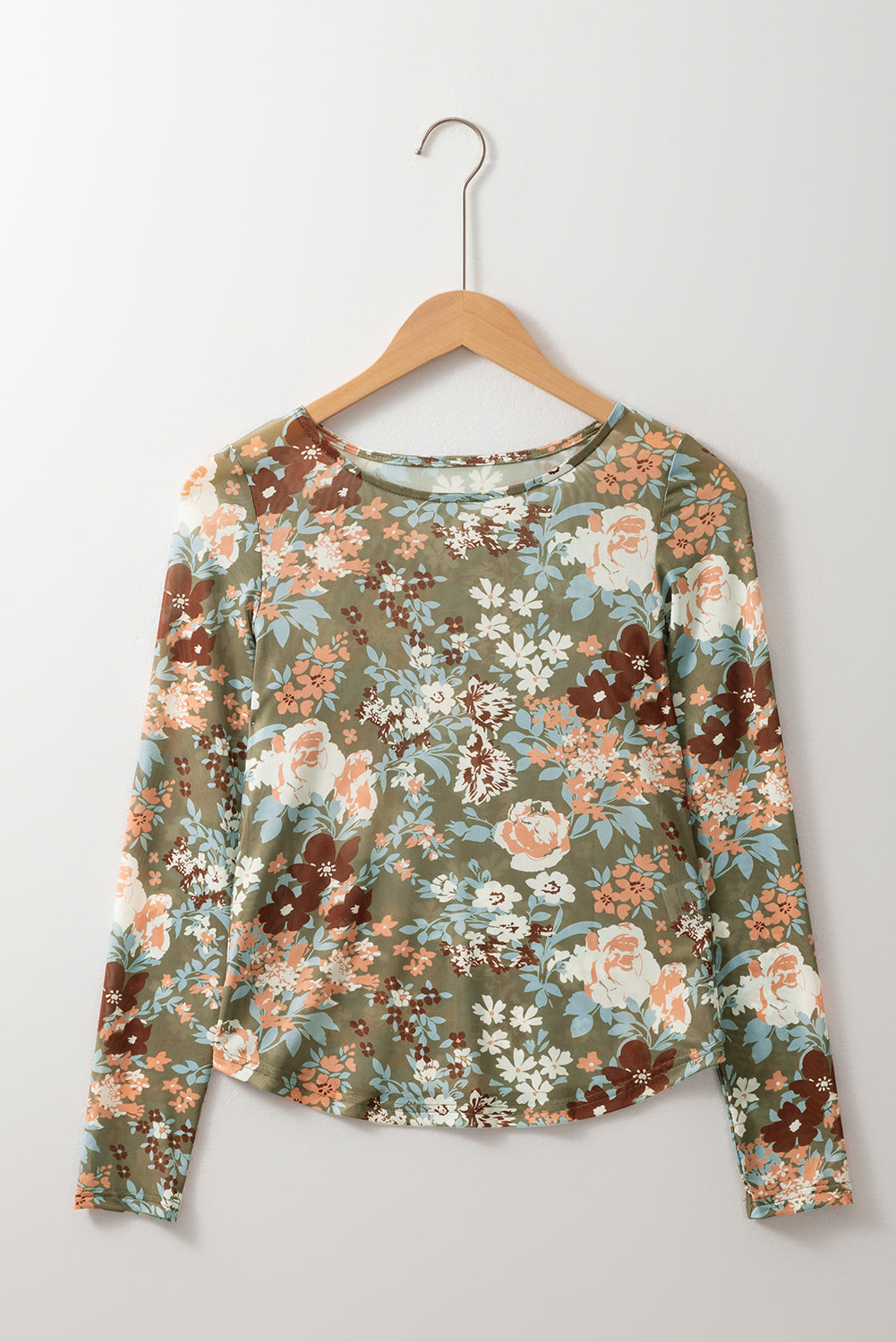 Green Floral Print Mesh Fitted Long Sleeve Top-Chaelisa's New Jammies