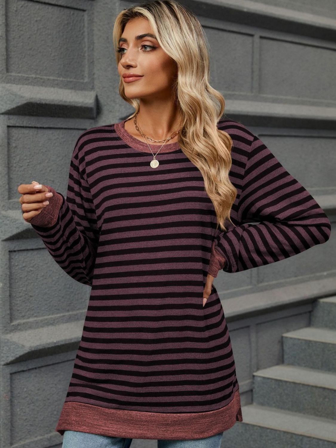 Striped Round Neck Long Sleeve T-Shirt-Chaelisa's New Jammies