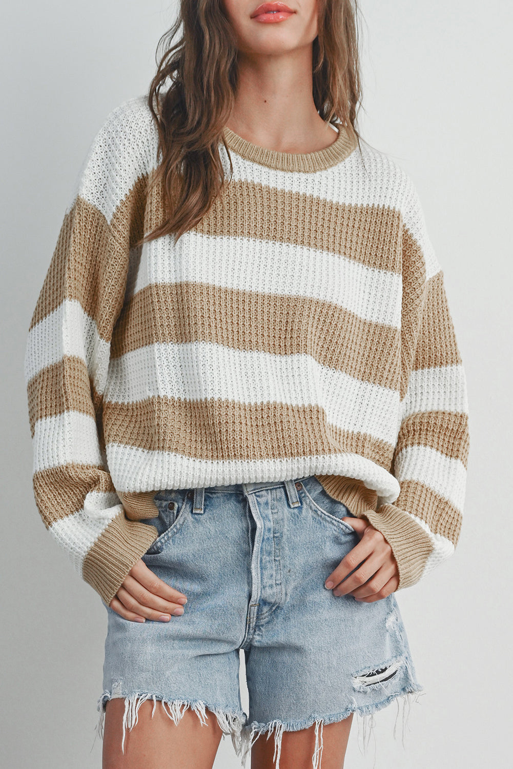 Light French Beige Colorblock Striped Drop Shoulder Side Slit Sweater-Chaelisa's New Jammies