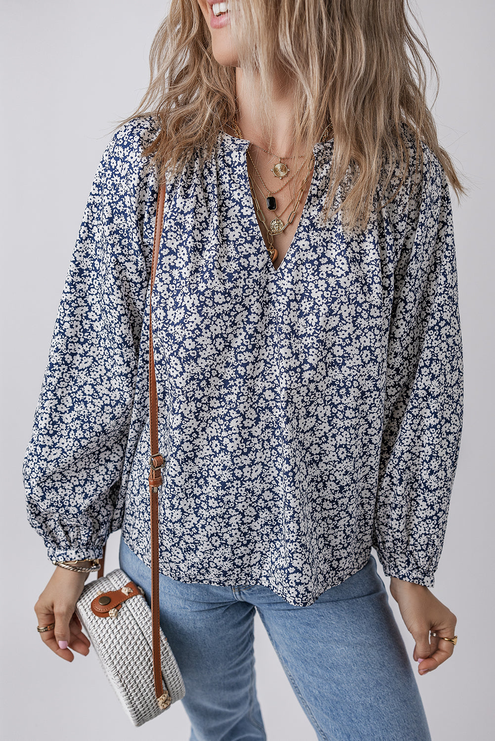Blue Floral Print Notched V Neck Puff Sleeve Blouse-Chaelisa's New Jammies