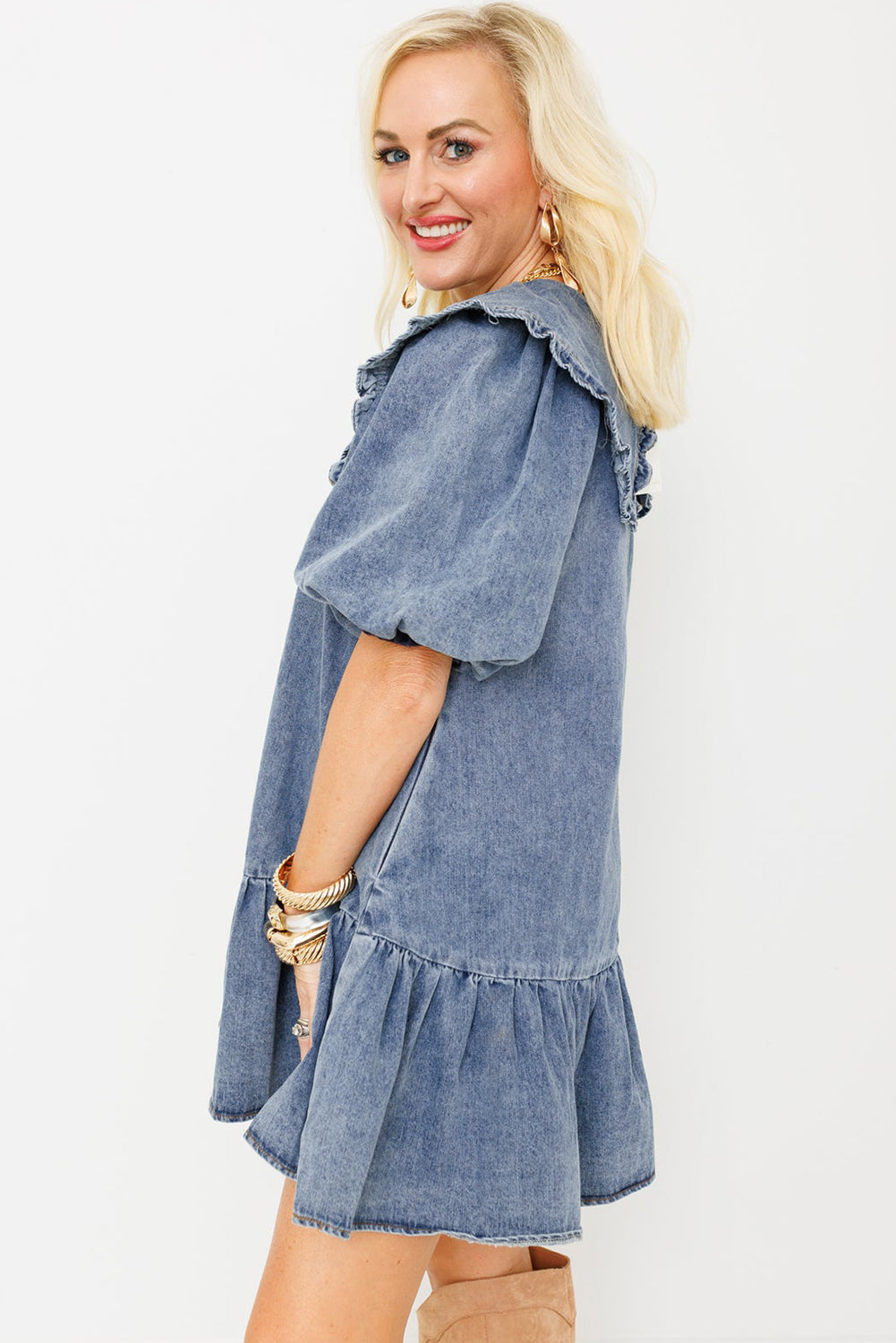 Dusk Blue Ruffled Collared Side Pockets Puff Sleeve Denim Mini Dress-Chaelisa's New Jammies