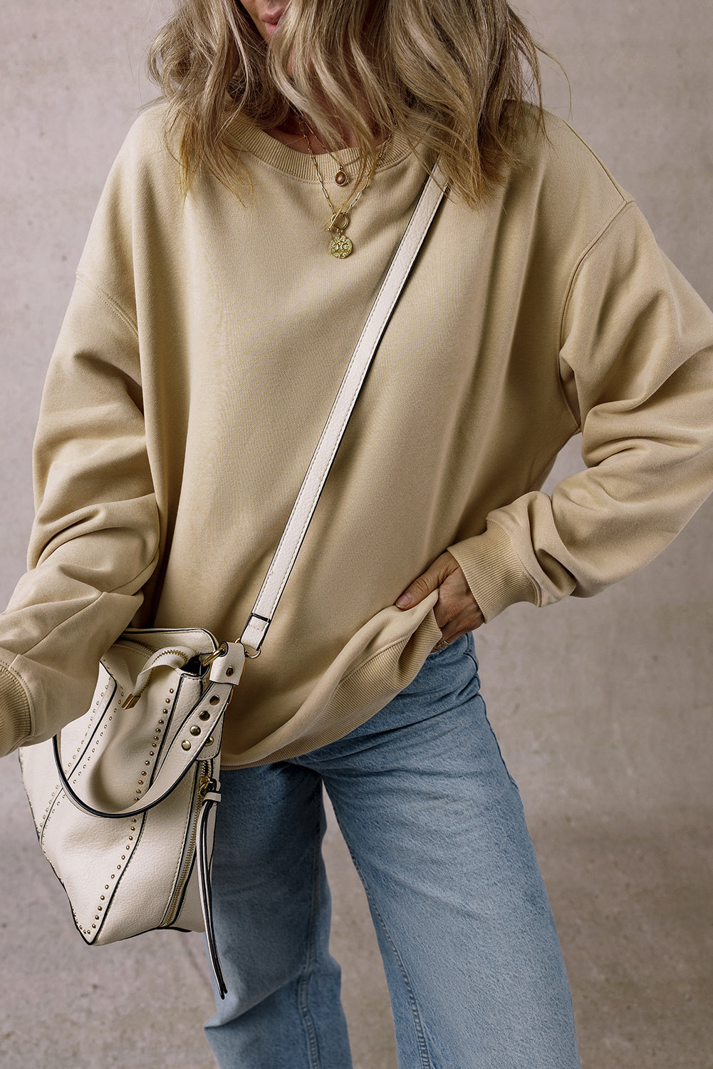 Parchment Solid Loose Crew Neck Fleece Sweatshirt-Chaelisa's New Jammies