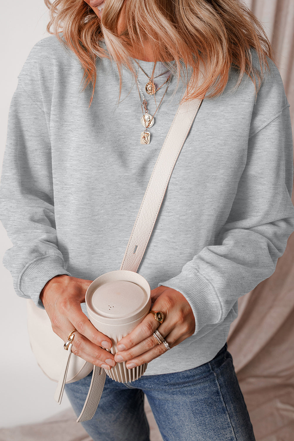 Gray Solid Fleece Lined Drop Shoulder Terry Sweatshirt-Chaelisa's New Jammies