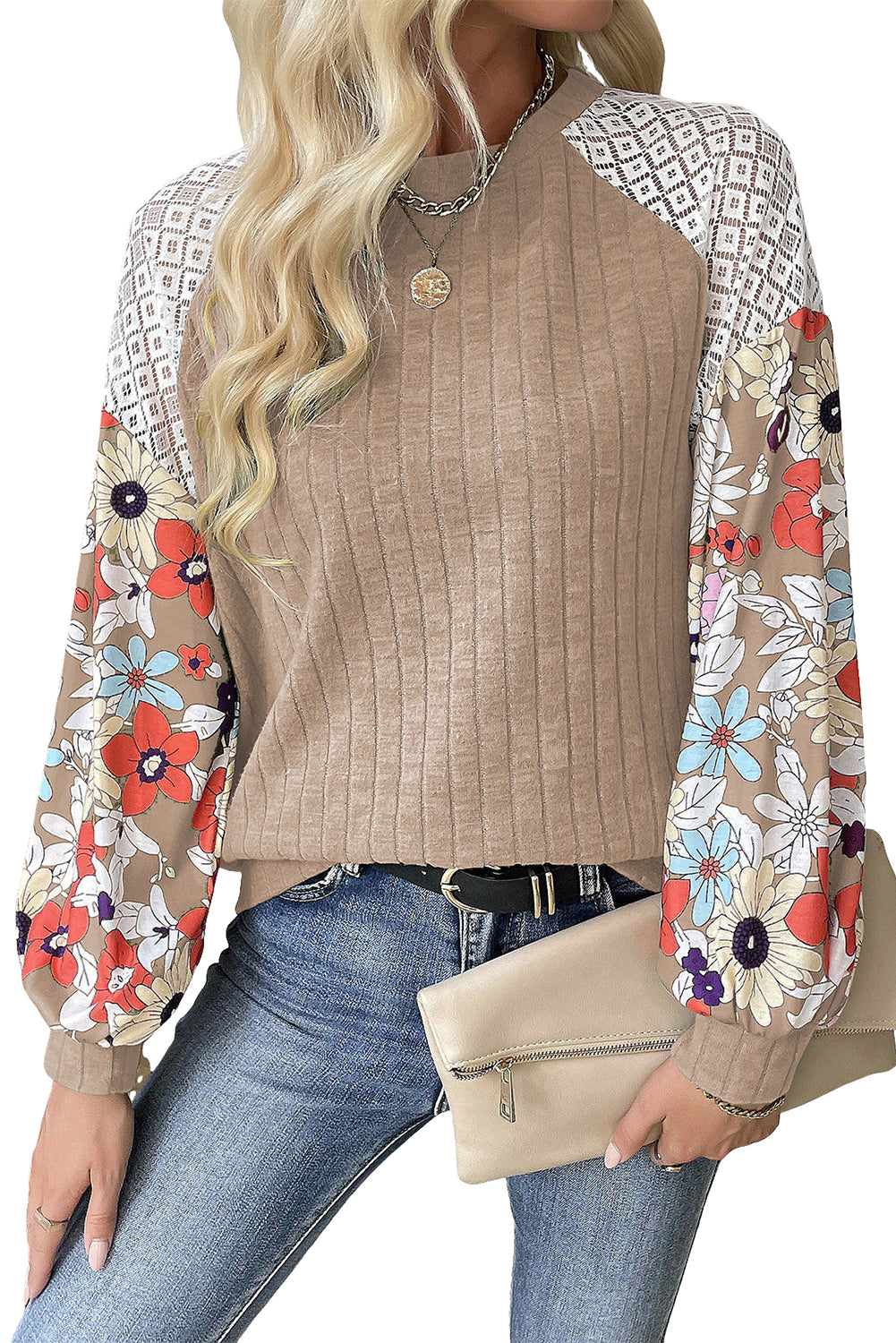 Parchment Floral Patchwork Long Sleeve Ribbed Blouse-Chaelisa's New Jammies