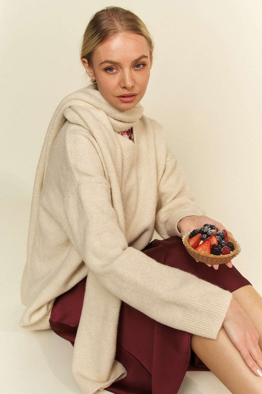 Davi & Dani V-Neck Dropped Shoulder Sweater with Scarf-Chaelisa's New Jammies