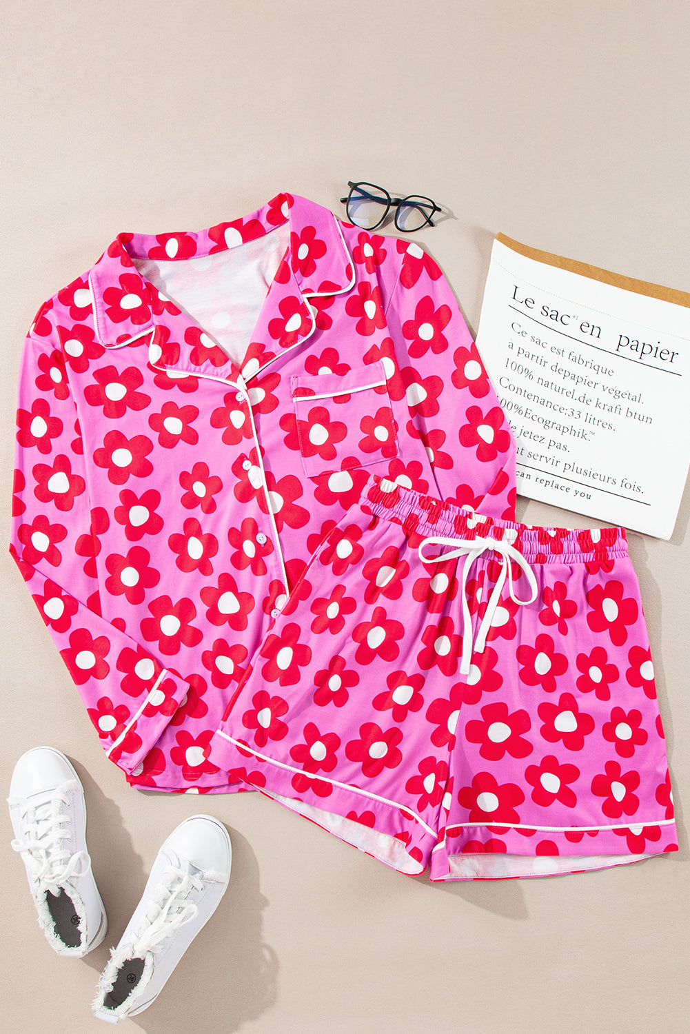 Pink Flower Print Long Sleeve Shirt Shorts Pajamas Set-Chaelisa's New Jammies