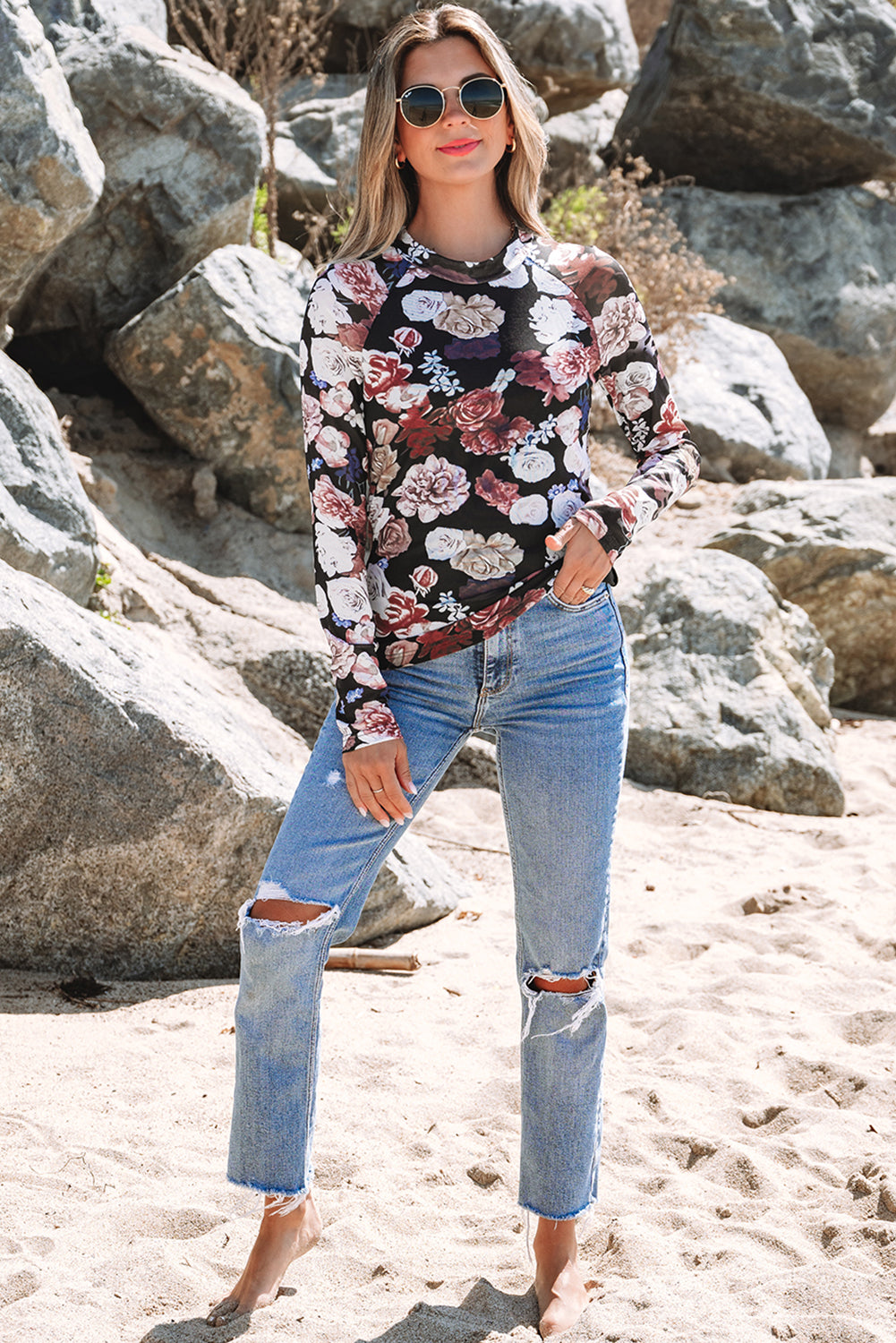 Pink Mesh Floral Print Mock Neck Long Sleeve Slim Top-Chaelisa's New Jammies