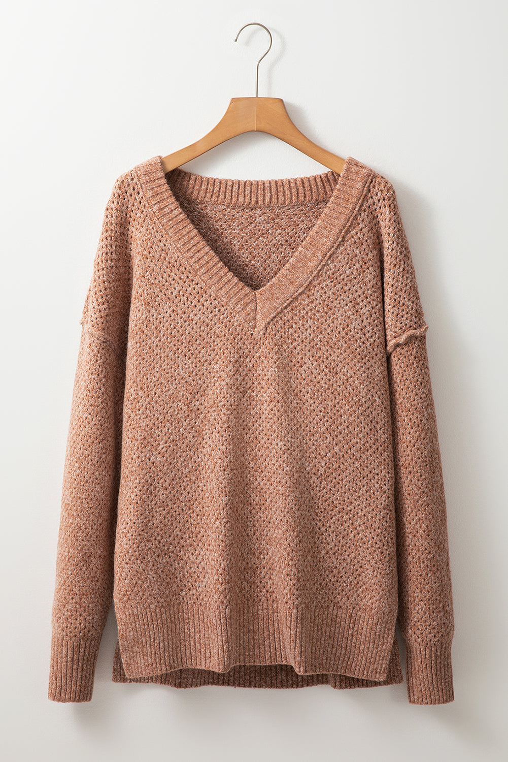 Dark Brown Loose Eyelet V Neck Drop Shoulder Sweater-Chaelisa's New Jammies