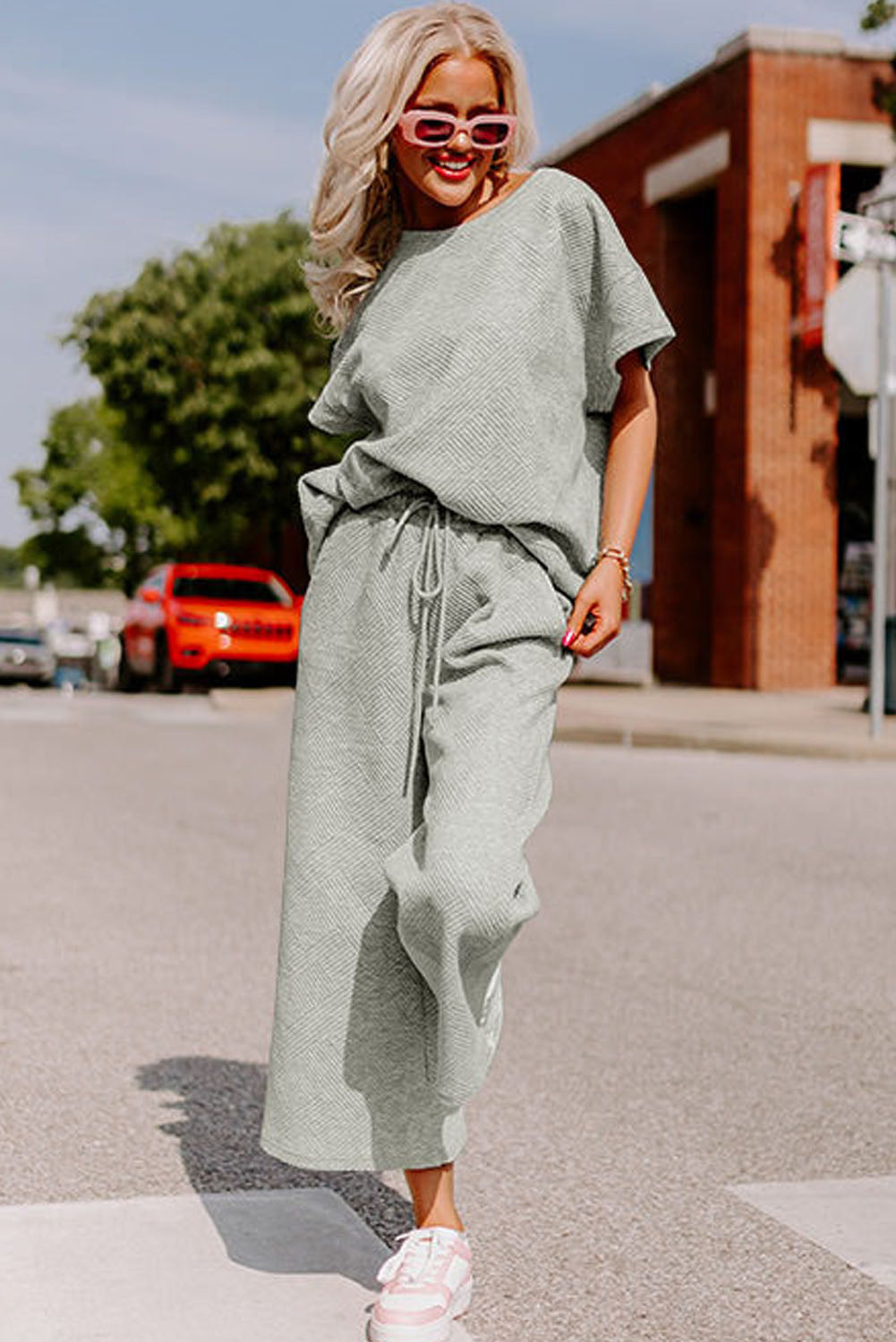 Gray Textured Loose Fit T Shirt and Drawstring Pants Set-Chaelisa's New Jammies