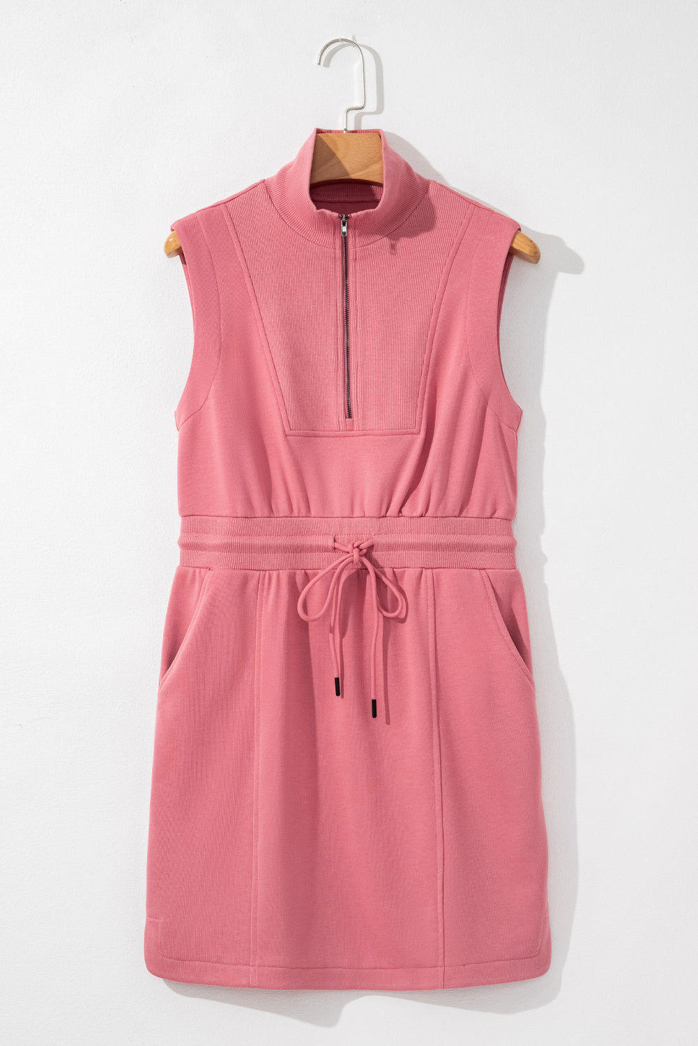 Mineral Red French Terry Zipped Collar Sleeveless Drawstring Waist Mini Dress-Chaelisa's New Jammies