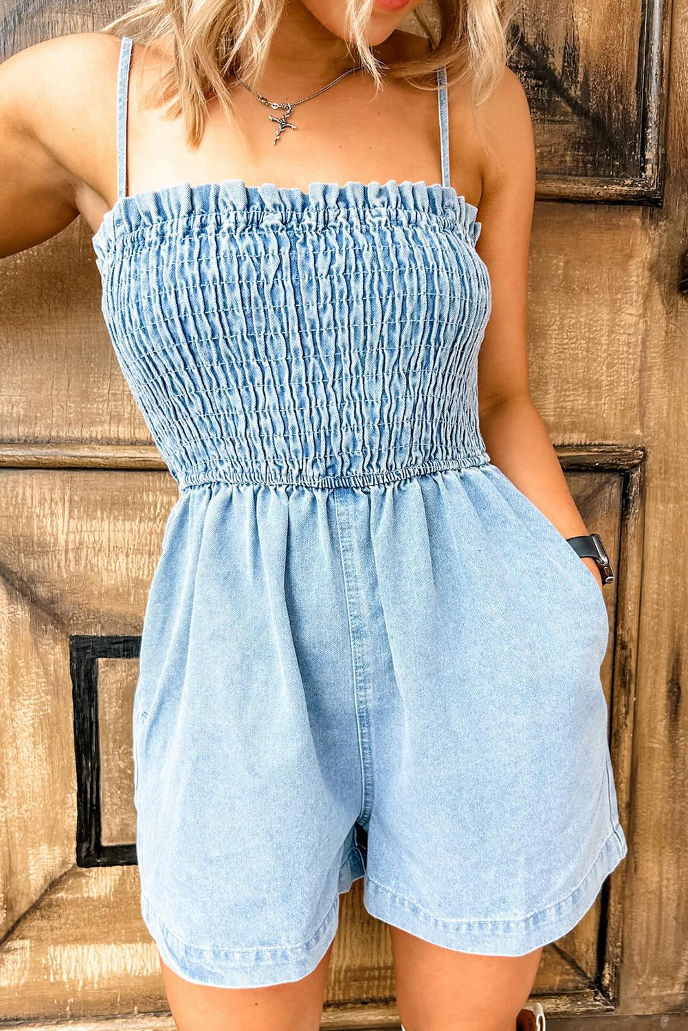 Beau Blue Spaghetti Strap Smocked Denim Romper-Chaelisa's New Jammies