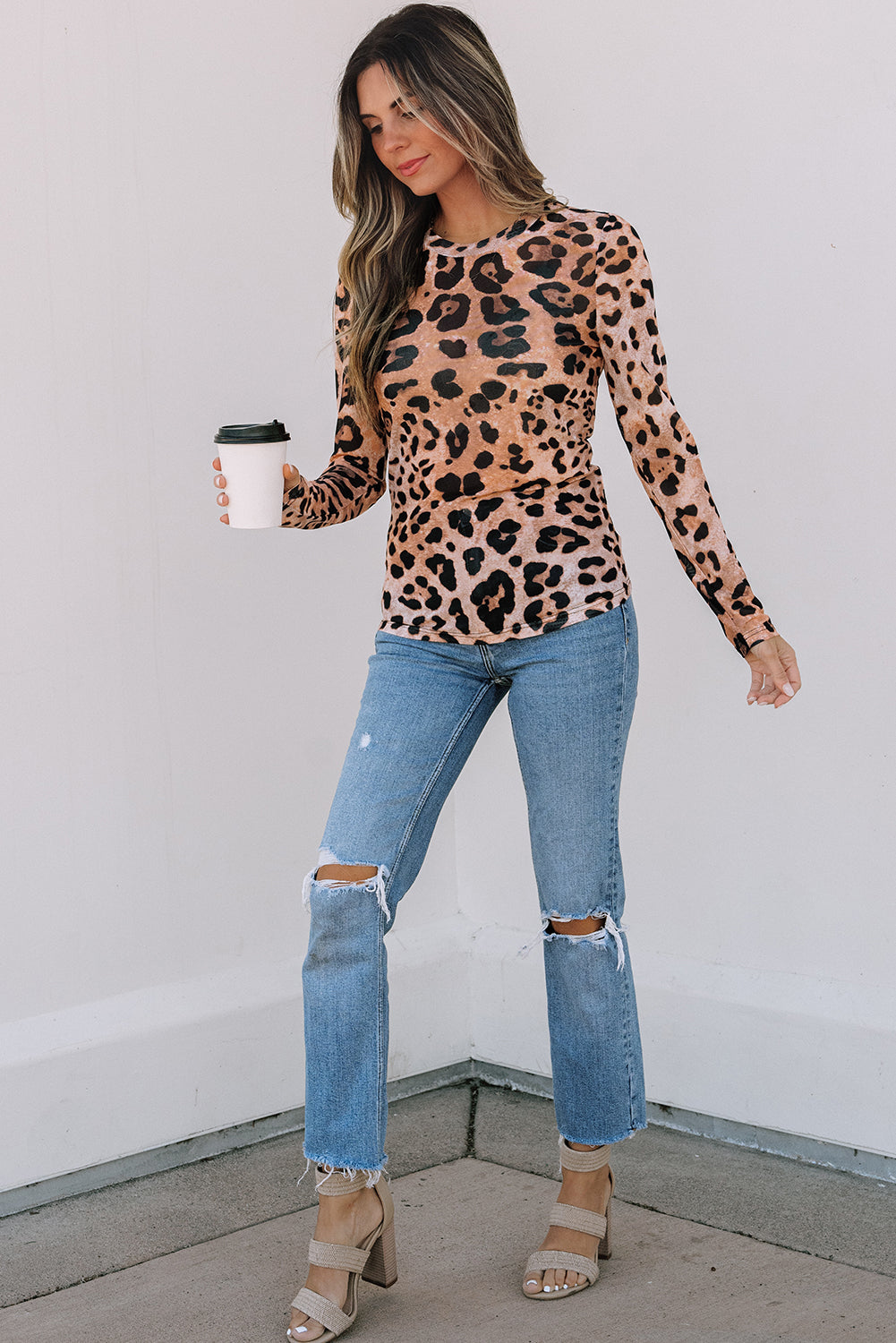 Brown Leopard Round Neck Long Sleeve Slim Top-Chaelisa's New Jammies