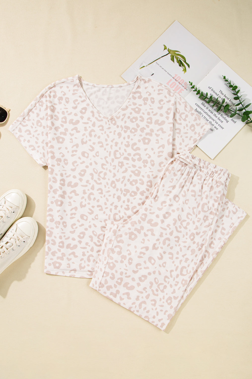 Beige Cheetah V Neck Tee and Pants Lounge Set-Chaelisa's New Jammies