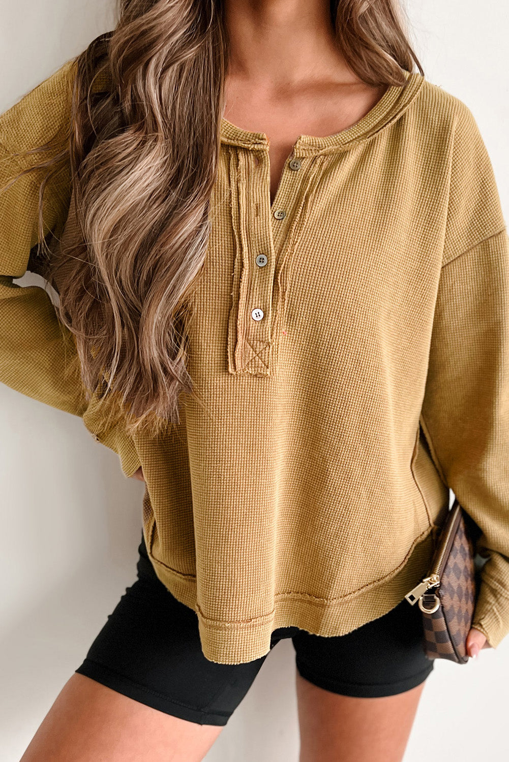 Camel Textured Knit Half Button Drop Shoulder Oversized Top-Chaelisa's New Jammies