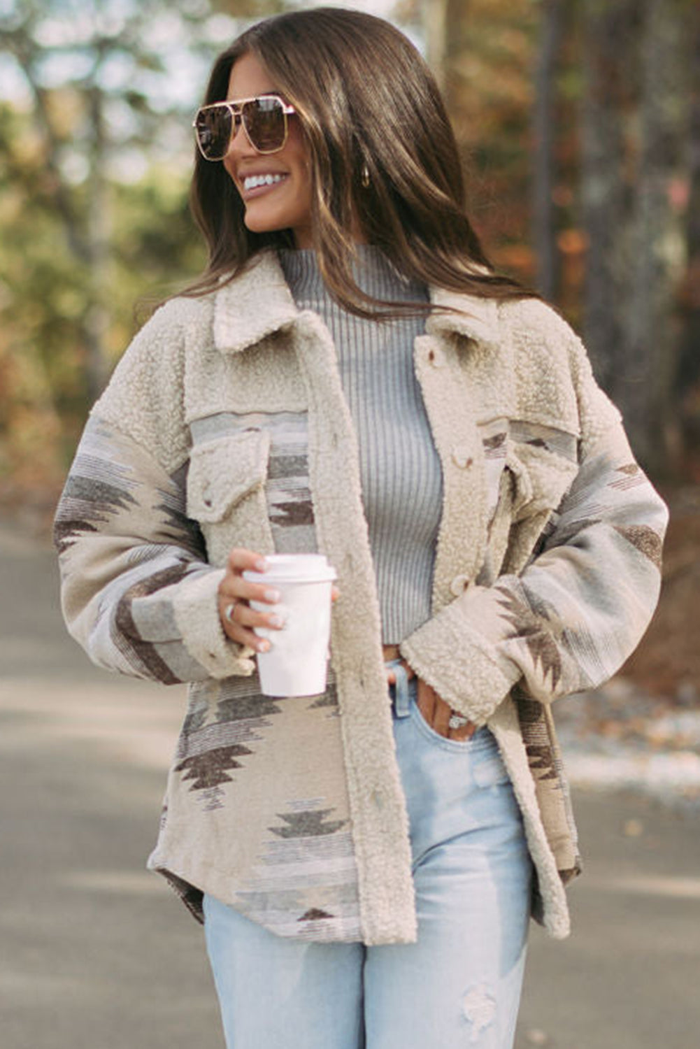 Khaki Western Aztec Print Sherpa Splicing Buttoned Flap Pocket Coat-Chaelisa's New Jammies