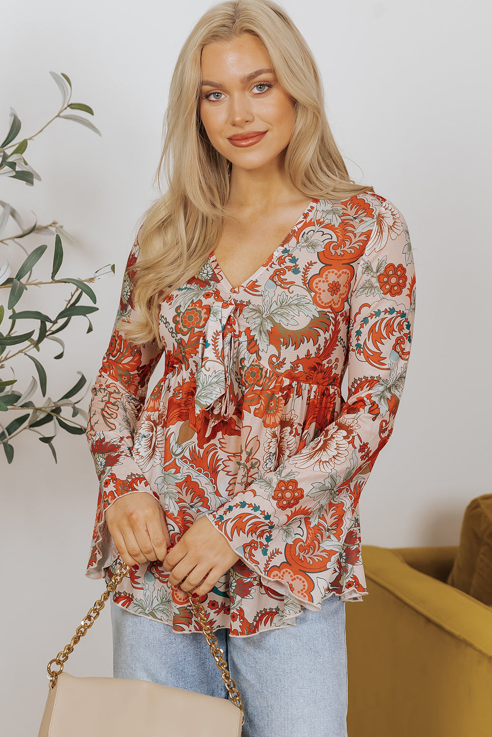 Orange Floral Print Deep V Neck Knot Bell Sleeve Blouse-Chaelisa's New Jammies