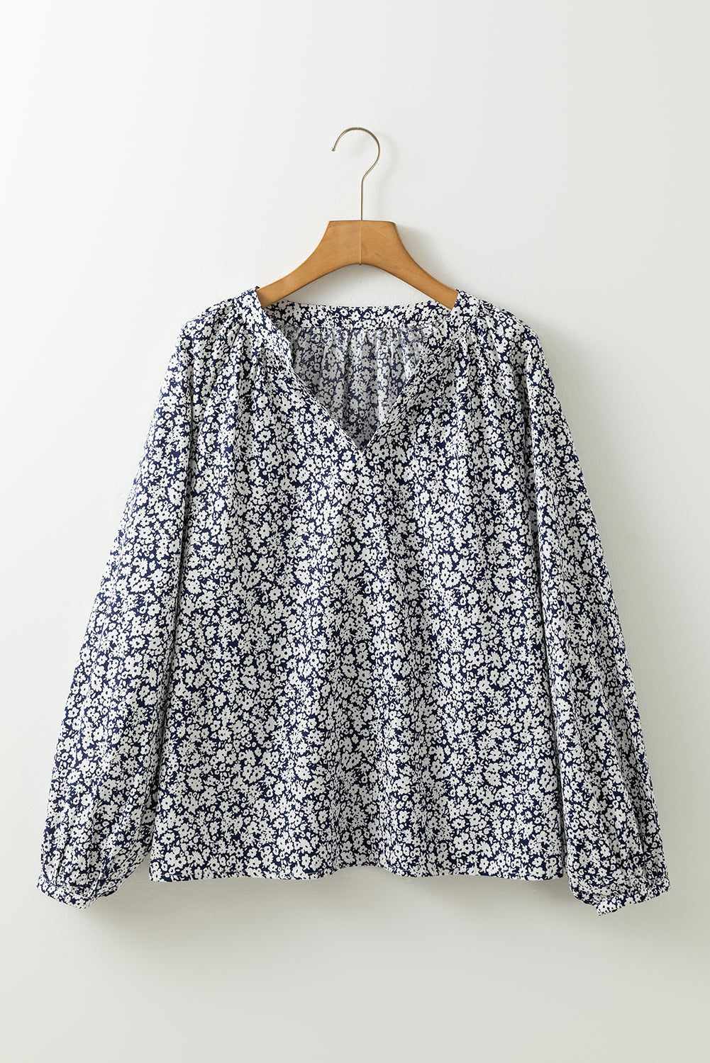 Blue Floral Print Notched V Neck Puff Sleeve Blouse-Chaelisa's New Jammies