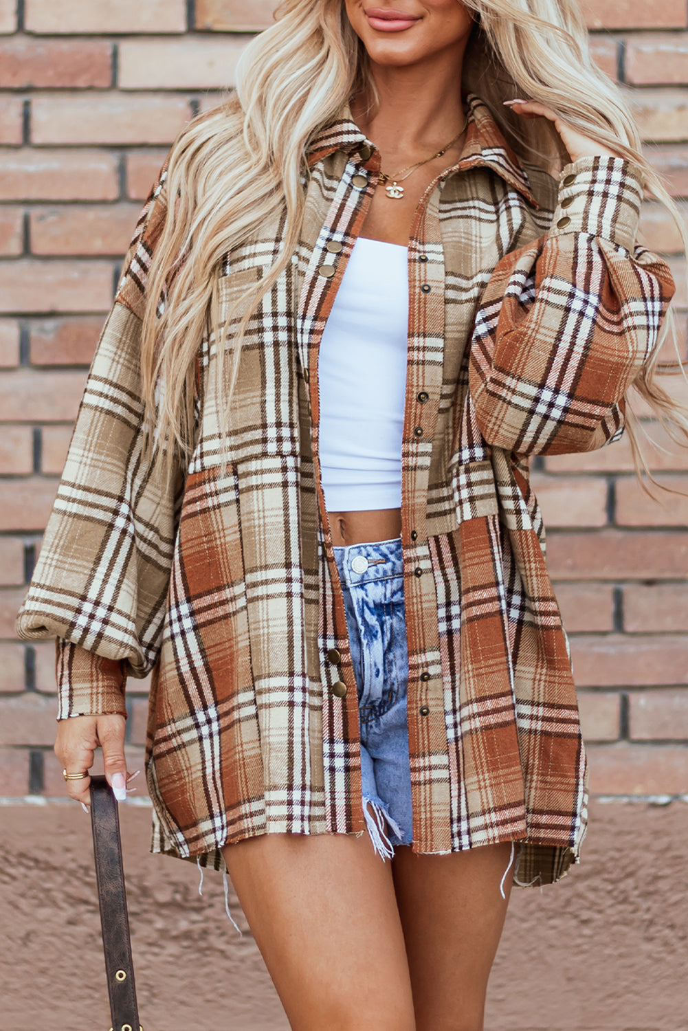 Khaki Plaid Colorblock Patchwork High Low Shacket-Chaelisa's New Jammies
