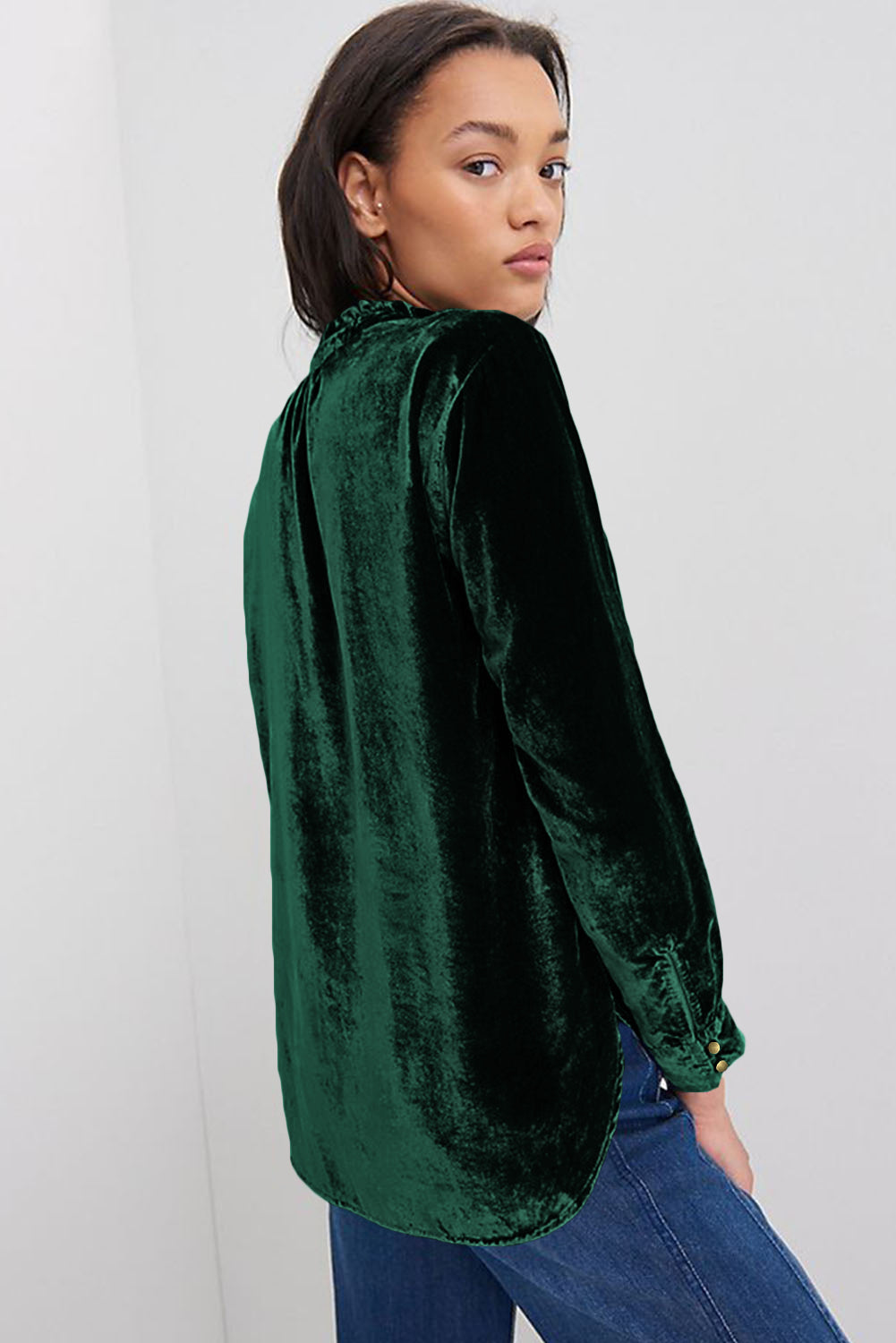Navy Blue Frilled Buttoned V Neck Velvet Blouse-Chaelisa's New Jammies