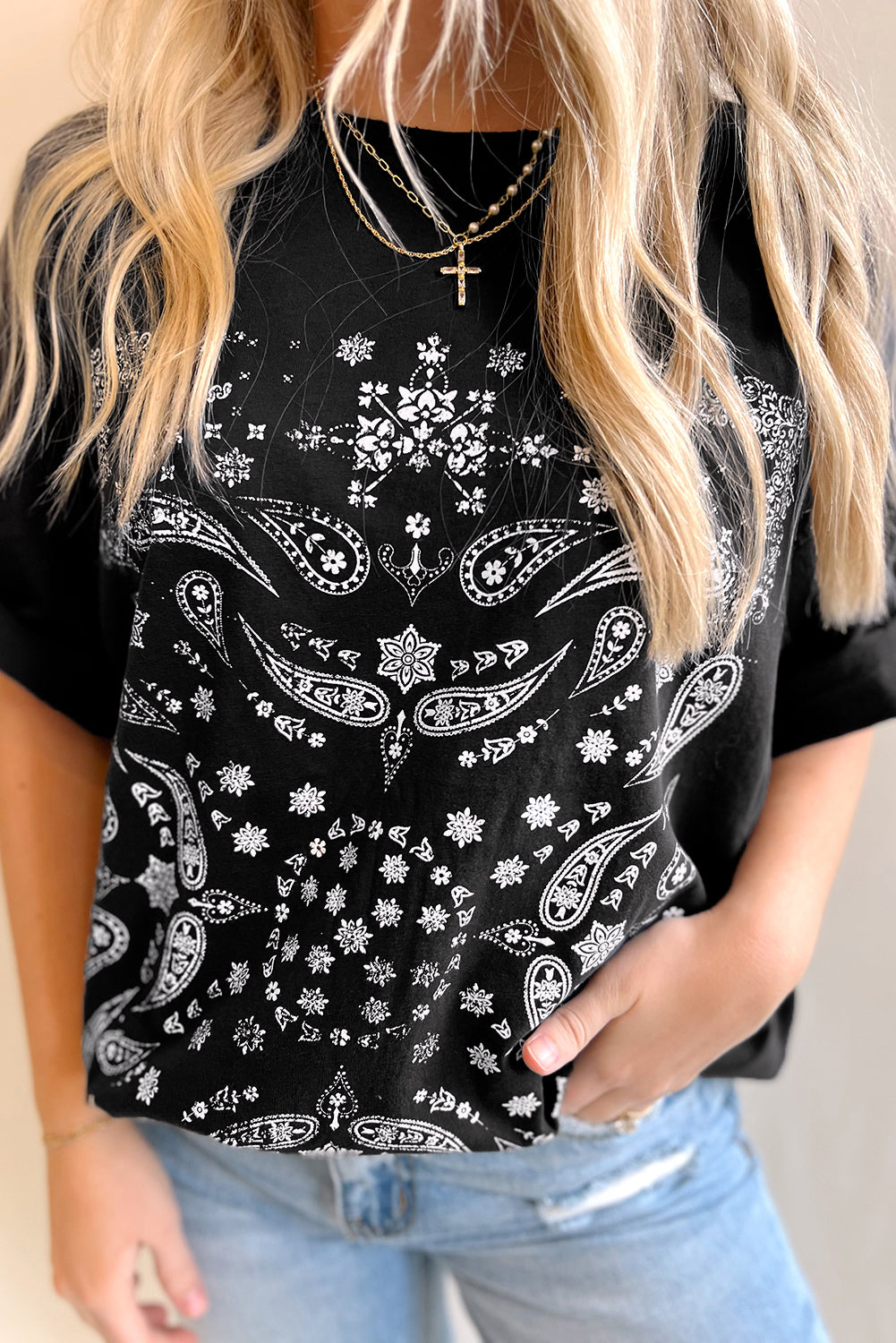Black Paisley Print Crew Neck Loose Fit Tunic Tee-Chaelisa's New Jammies