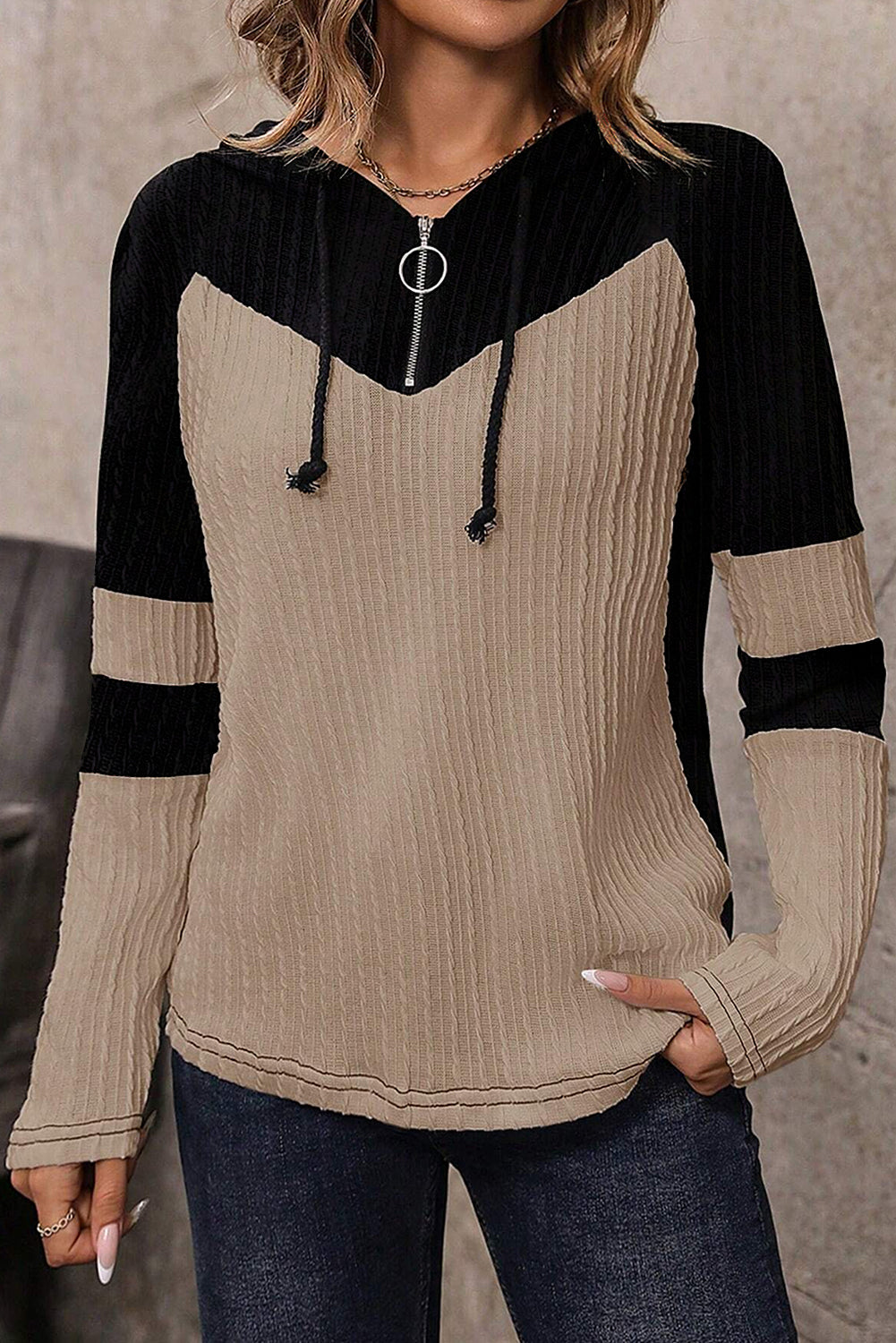 Parchment Textured Colorblock Long Sleeve Quarter Zip Drawstring Hooded Top-Chaelisa's New Jammies