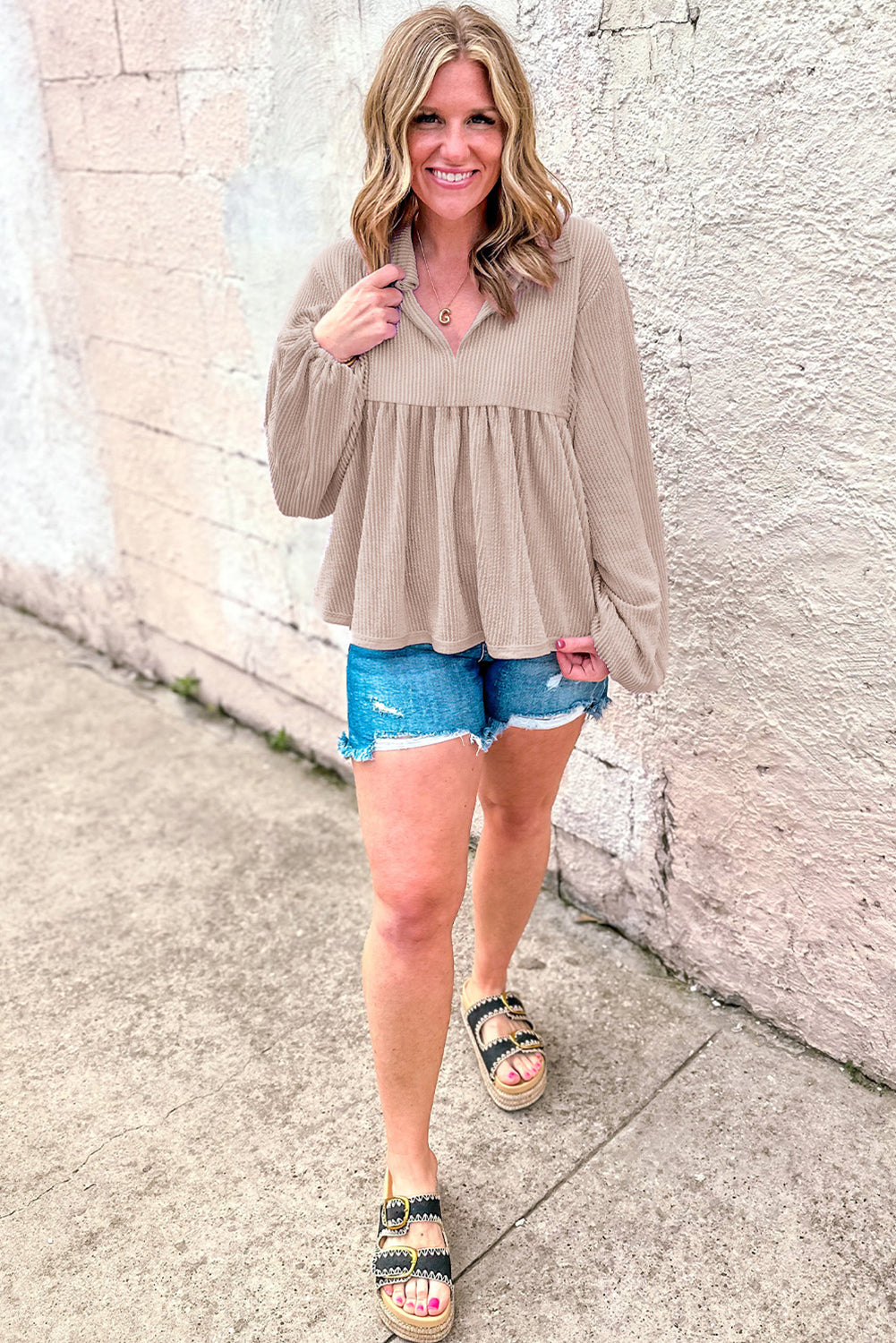 Parchment Corded Turn-down V Neck Bubble Sleeve Babydoll Blouse-Chaelisa's New Jammies