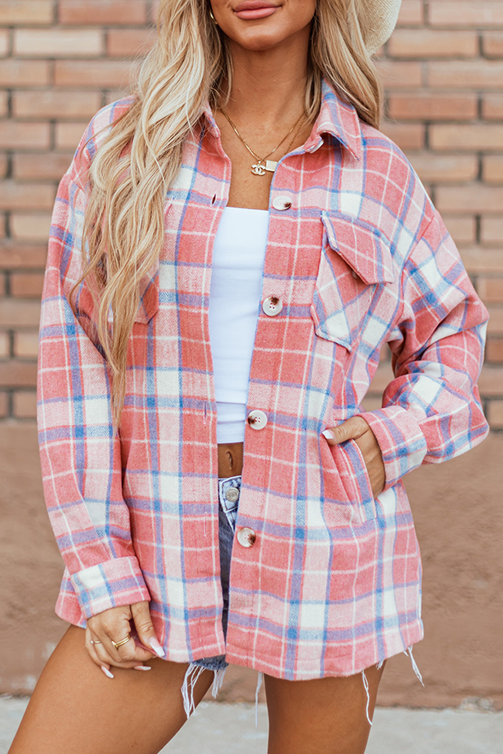Pink Plaid Flap Pocket Button Up Shacket-Chaelisa's New Jammies