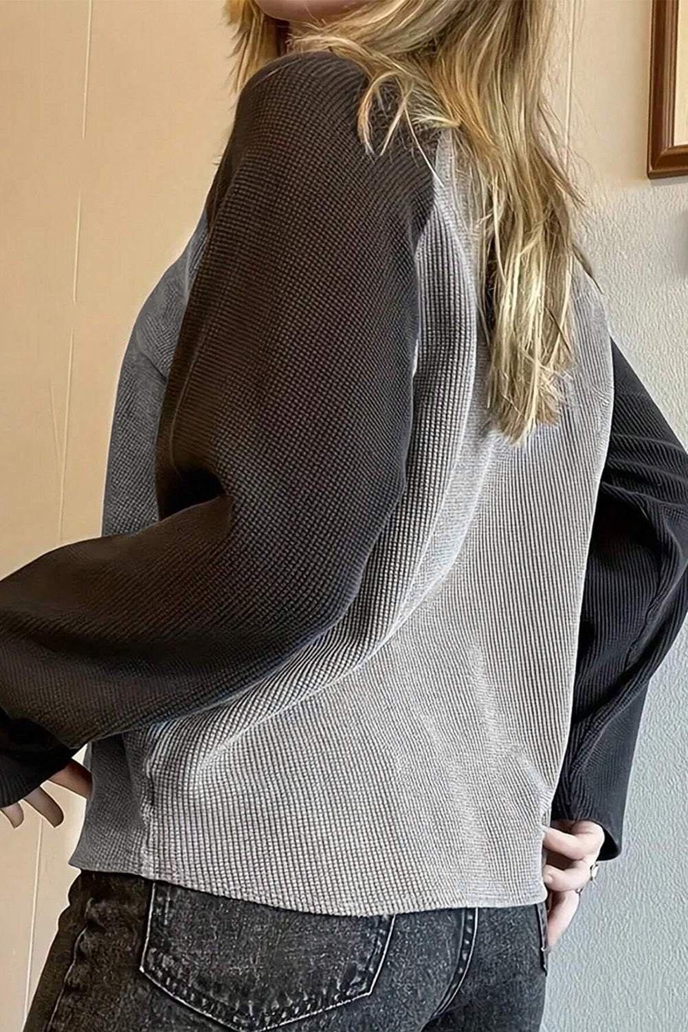 High Waffle Knit Colorblock Star Patch Graphic Raglan Top-Chaelisa's New Jammies
