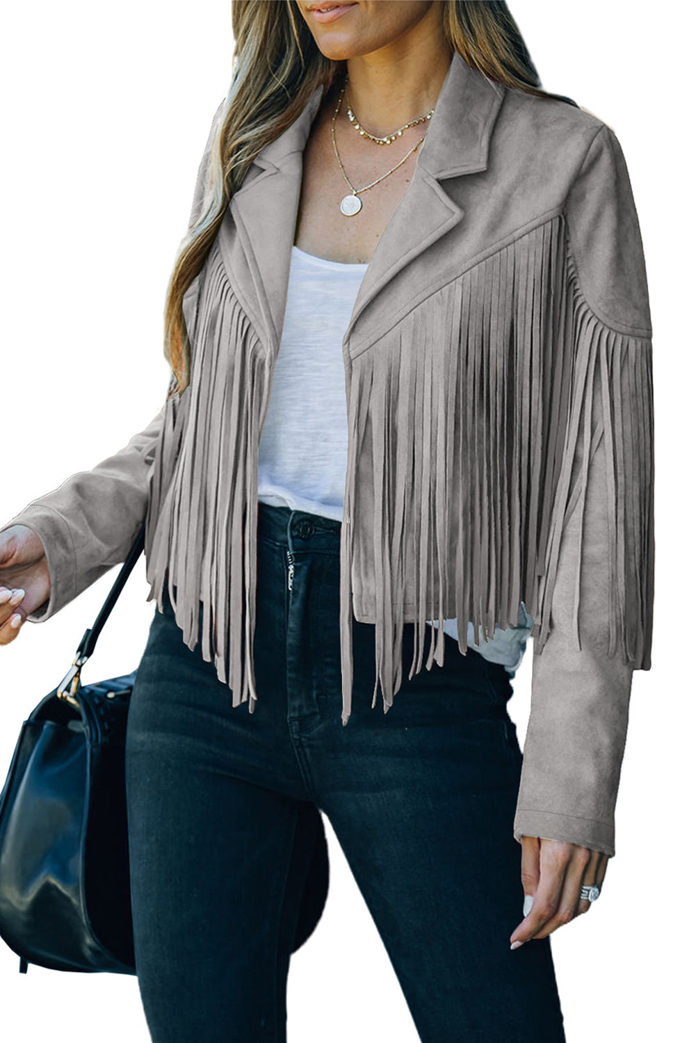 Gray Cropped Fringe Faux Suede Jacket