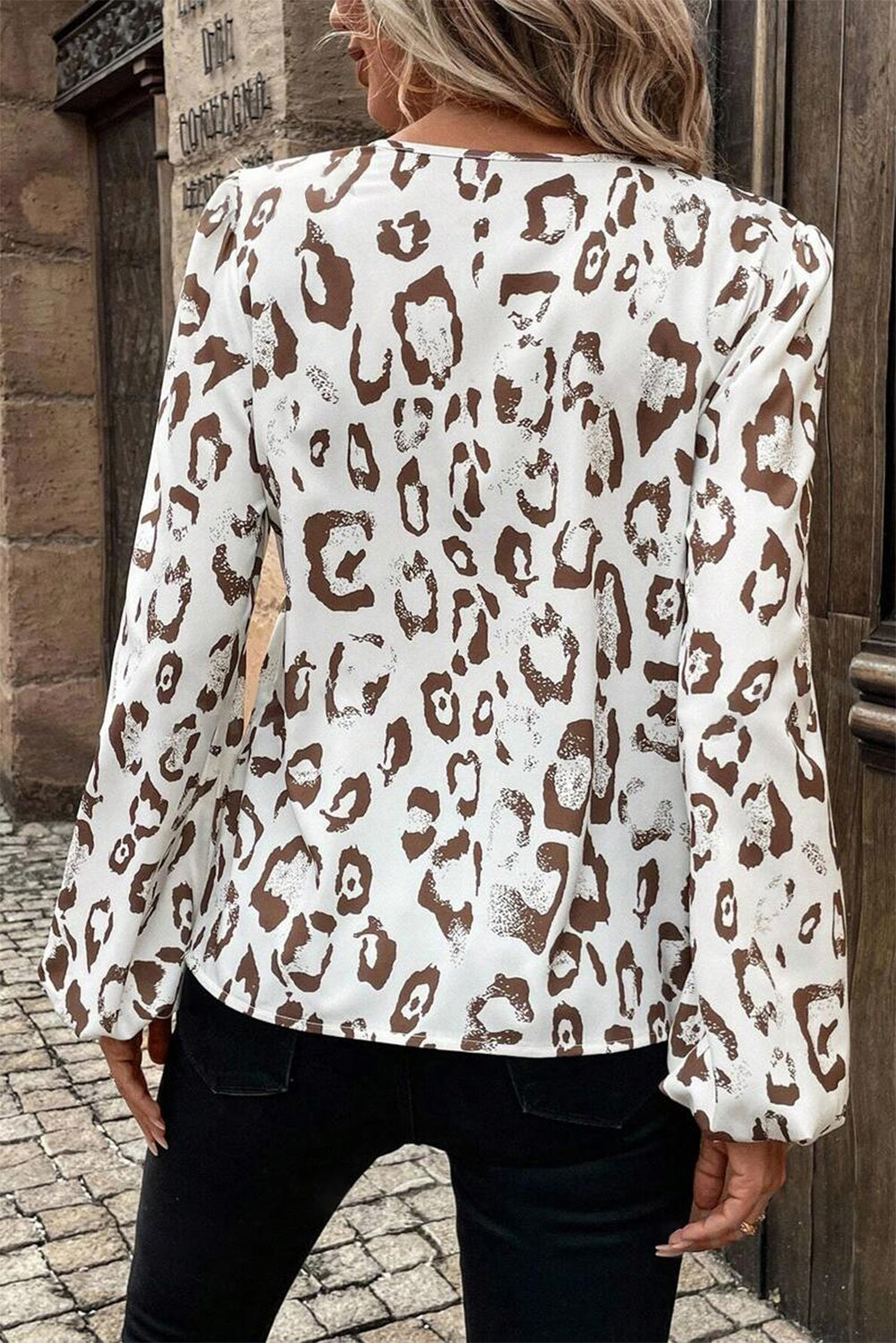 Khaki Leopard Print Split Neck Balloon Sleeve Blouse-Chaelisa's New Jammies