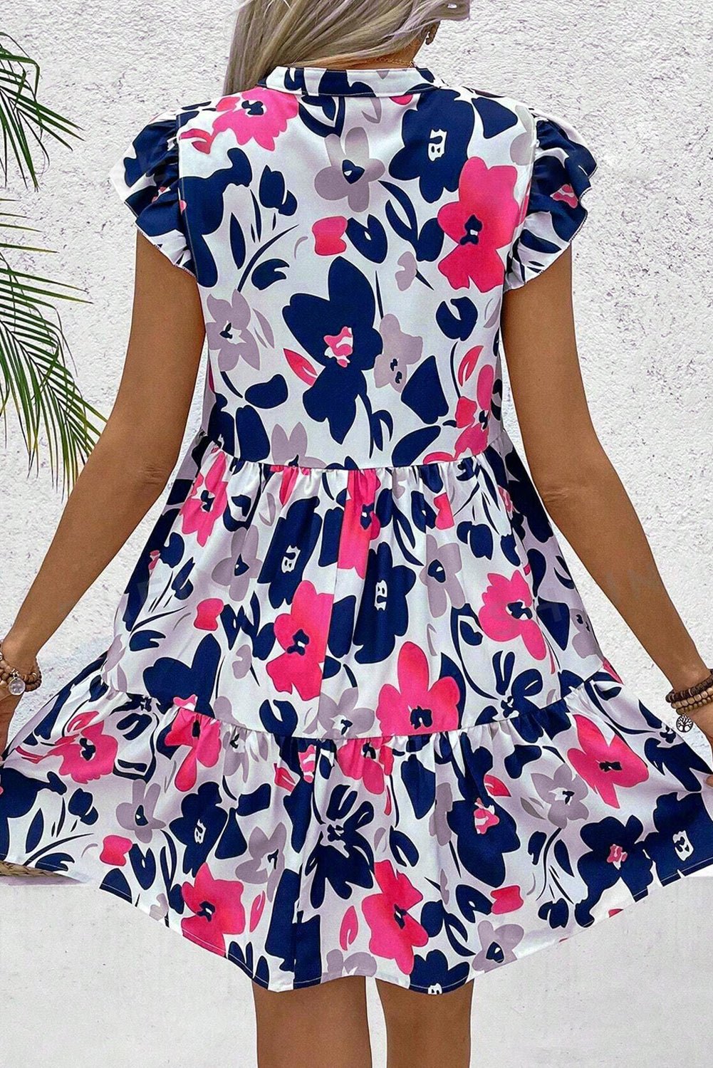 Fashion Floral Print Notched Neck Flutter Sleeve Mini Dress - Chaelisa's New Jammies
