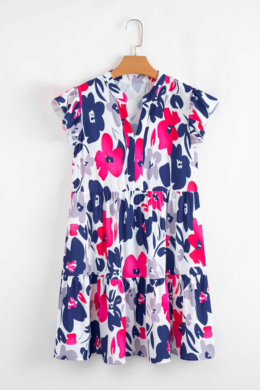 Fashion Floral Print Notched Neck Flutter Sleeve Mini Dress - Chaelisa's New Jammies