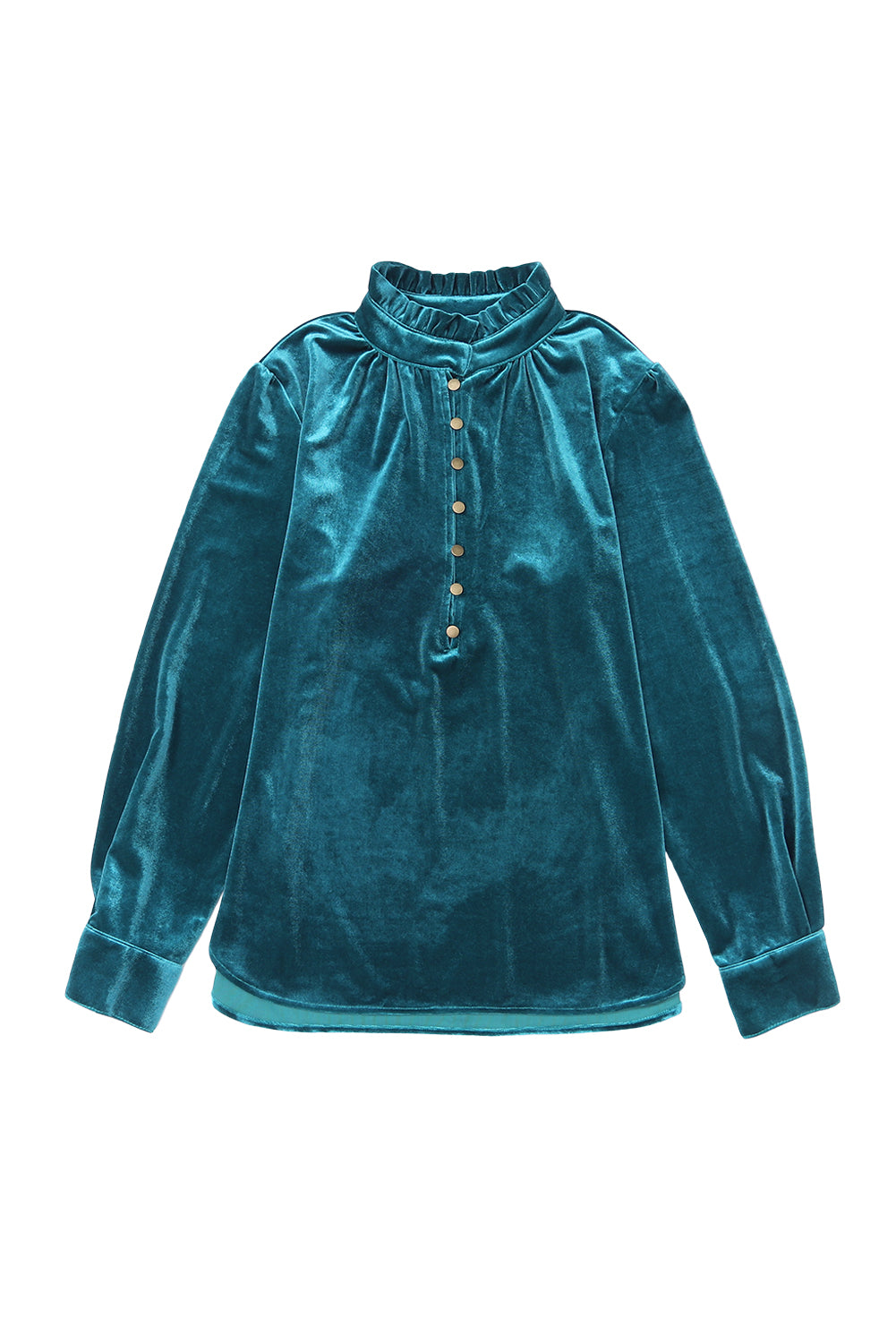 Navy Blue Frilled Buttoned V Neck Velvet Blouse-Chaelisa's New Jammies