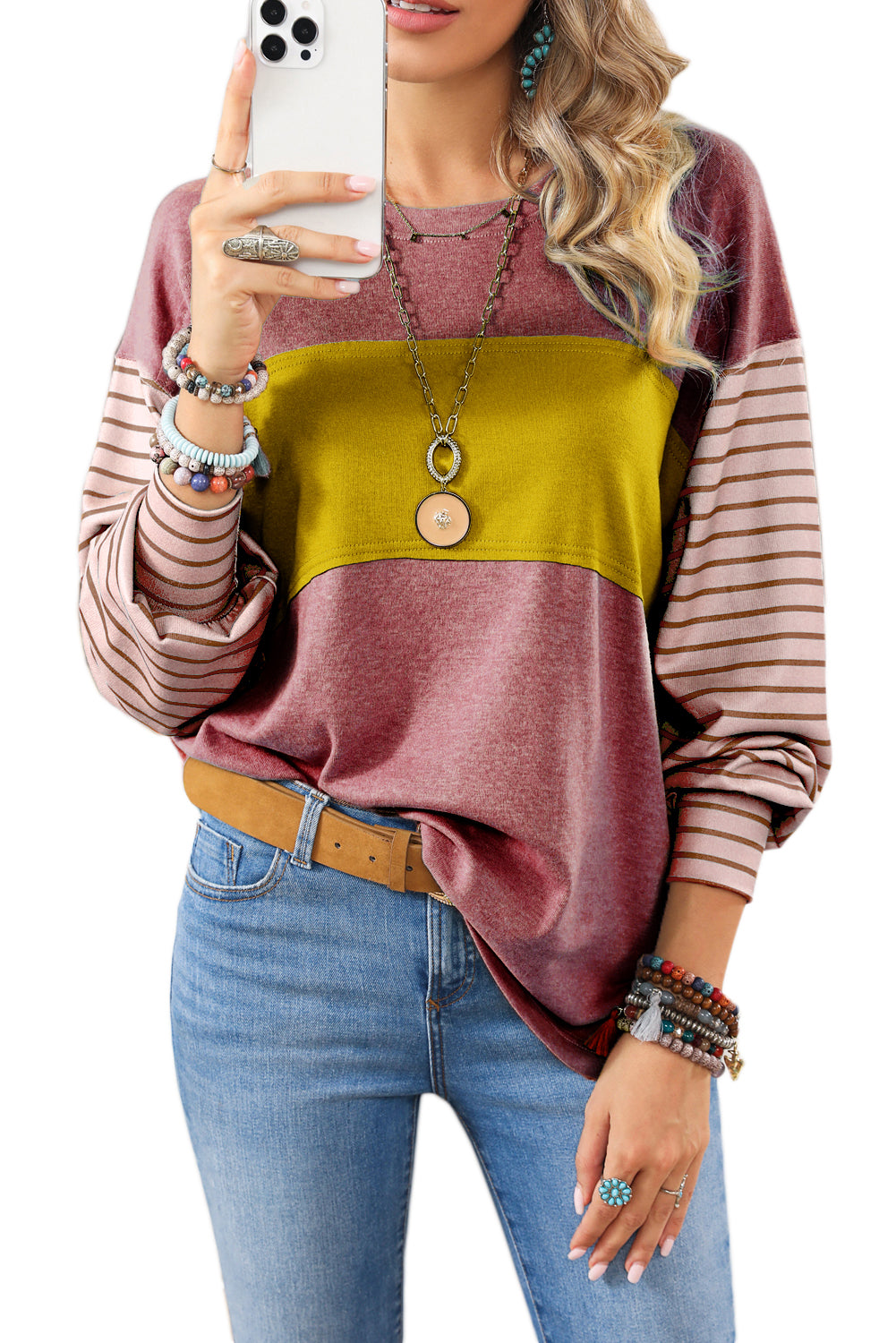 Peach Blossom Colorblock Striped Bishop Sleeve Top-Chaelisa's New Jammies