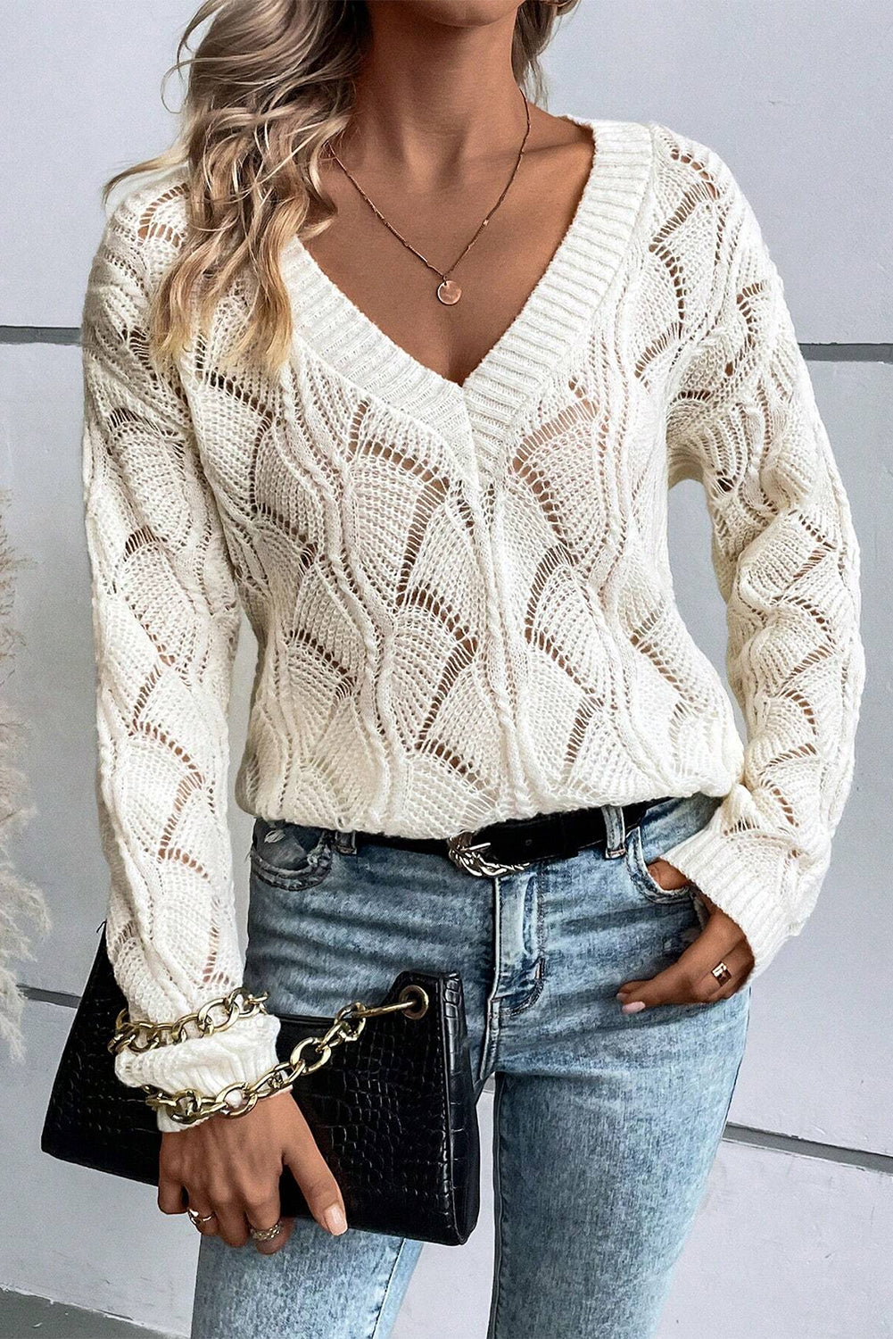 Beige Hollow Out Knit V Neck Drop Shoulder Sweater-Chaelisa's New Jammies