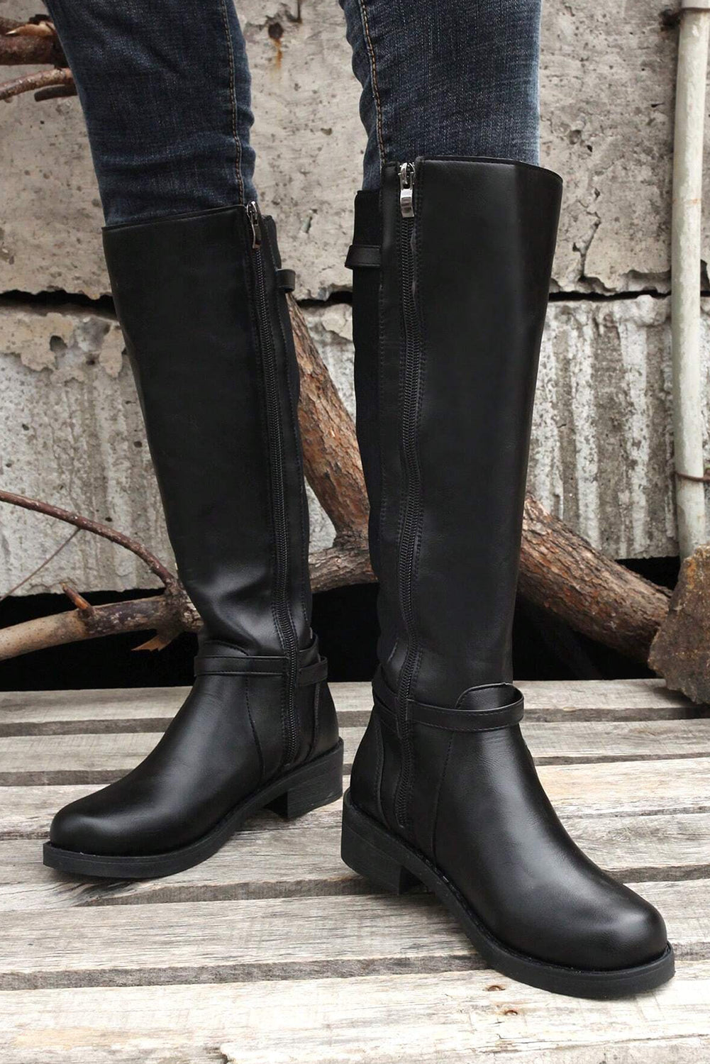 Black Side Zipper Knee High Chunky Low Heel Boots-Chaelisa's New Jammies