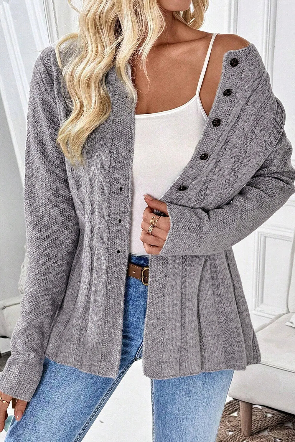 High Cable Knit Cardigan Sweater