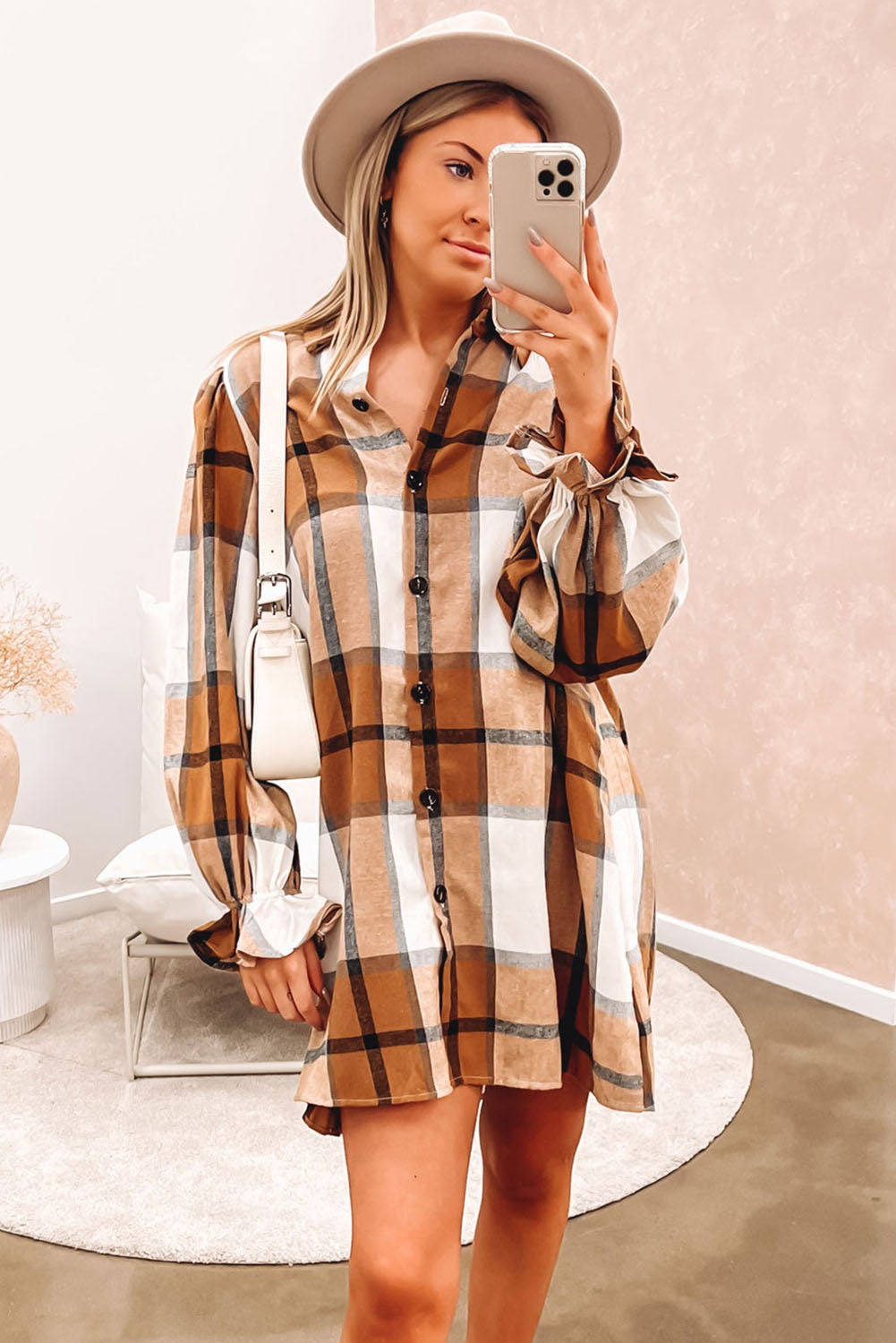 Khaki Plaid Pattern Collared Neck Ruffled Sleeve Shirt Dress-Chaelisa's New Jammies