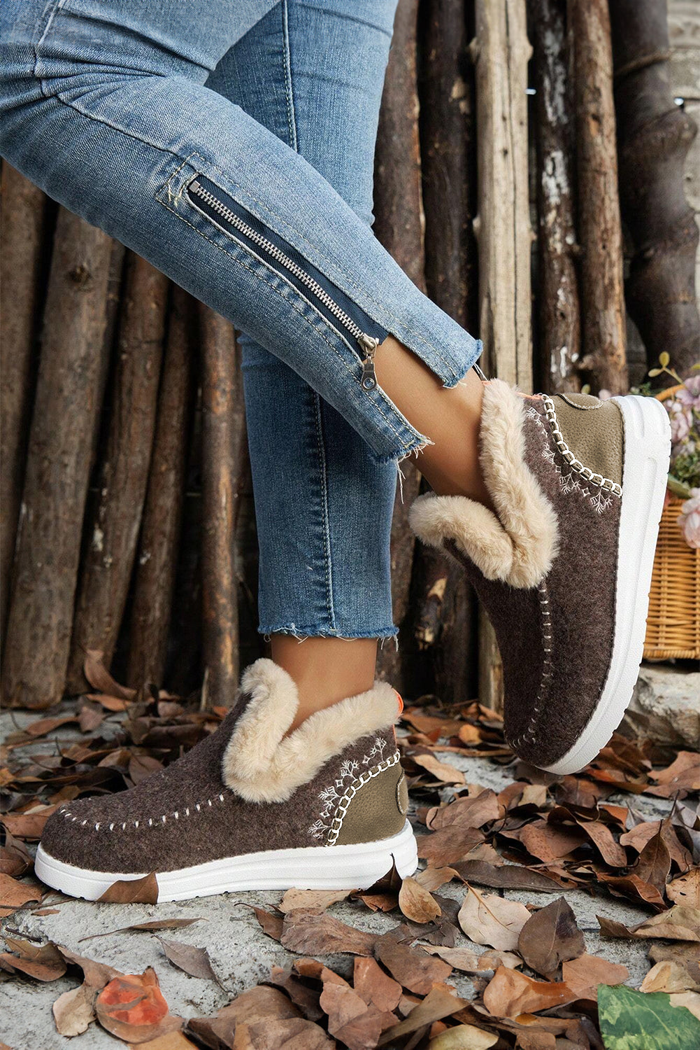 Coffee Suede Stitching Patchwork Plush Lined Anklet Boots-Chaelisa's New Jammies