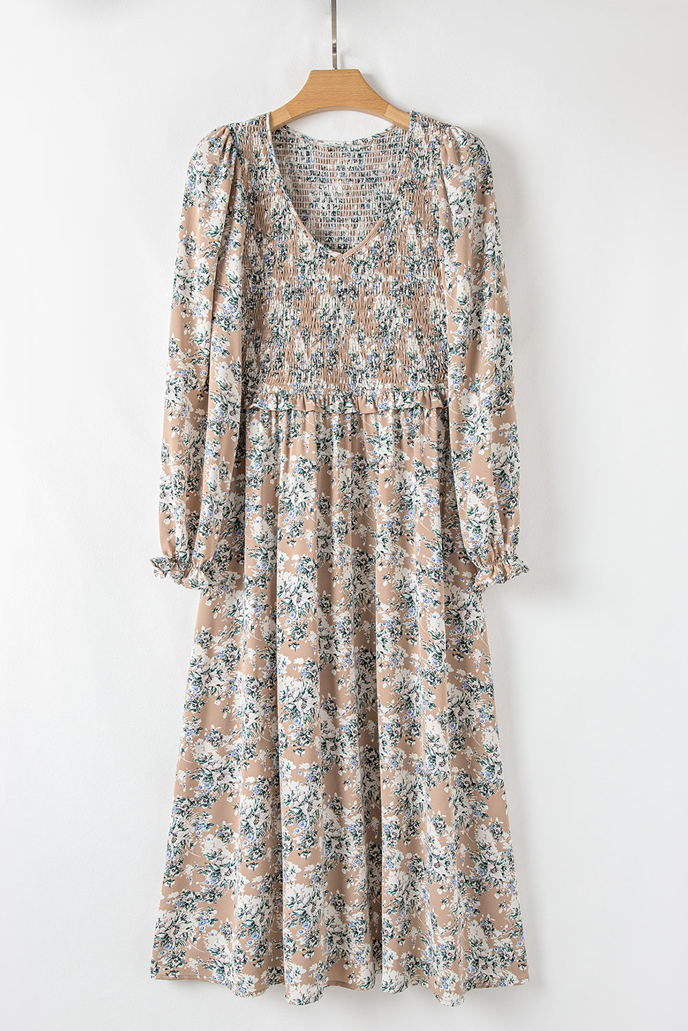 Khaki Maple Grove Floral Smocked Puff Sleeve Long Dress-Chaelisa's New Jammies