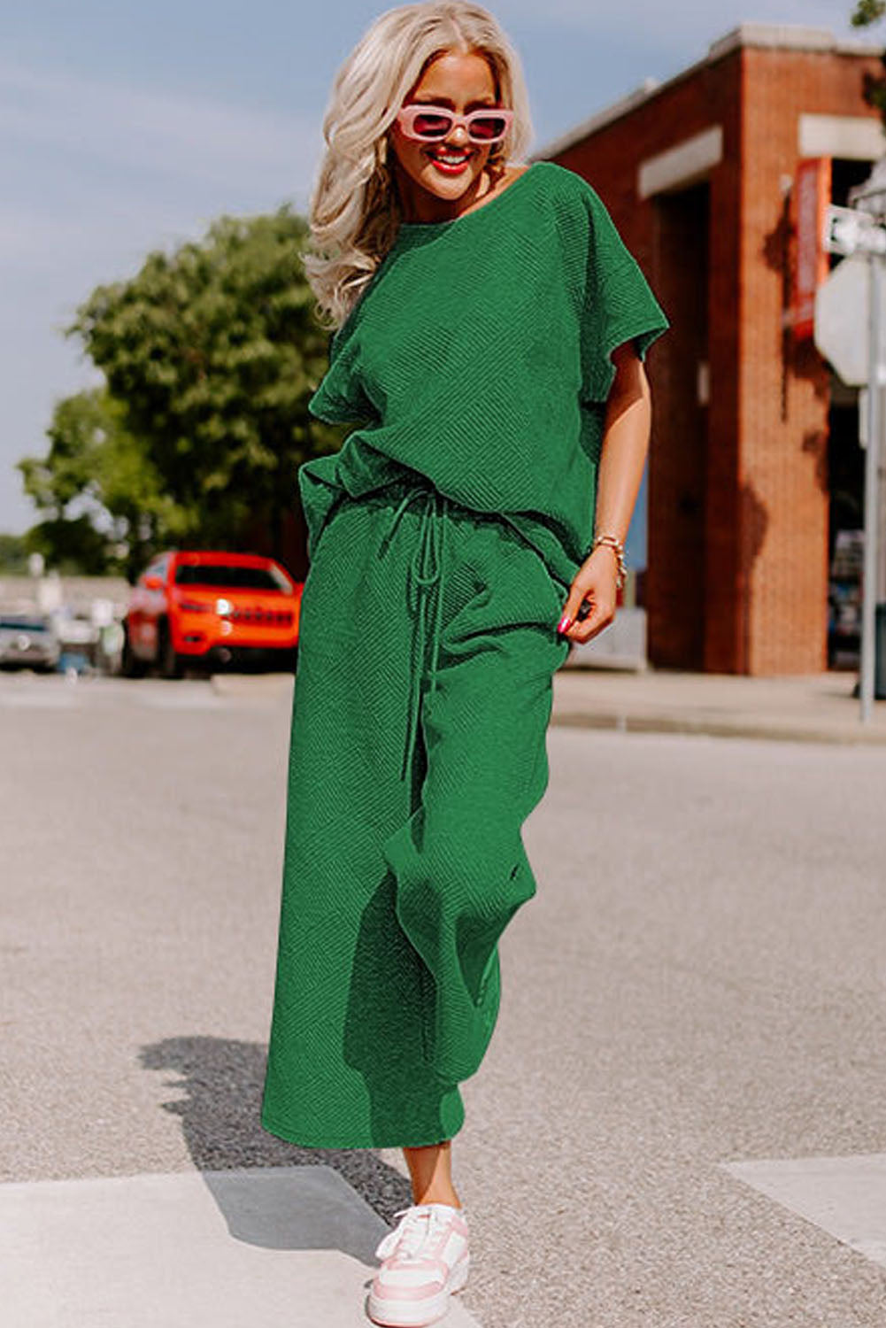 Dark Green Textured Loose Fit T Shirt and Drawstring Pants Set-Chaelisa's New Jammies